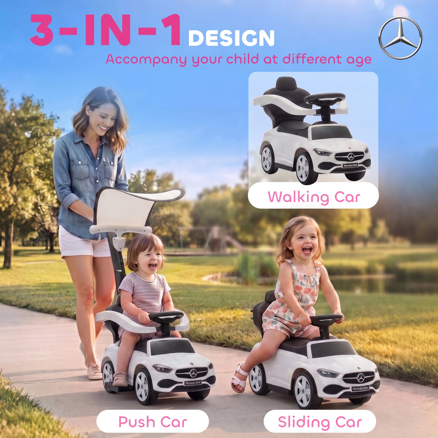 AIYAPLAY 3 in 1 Licensed Benz Ride on Push Car with Handle, Canopy, Guardrails, Horn, Music, Storage for 12-36 Months, White