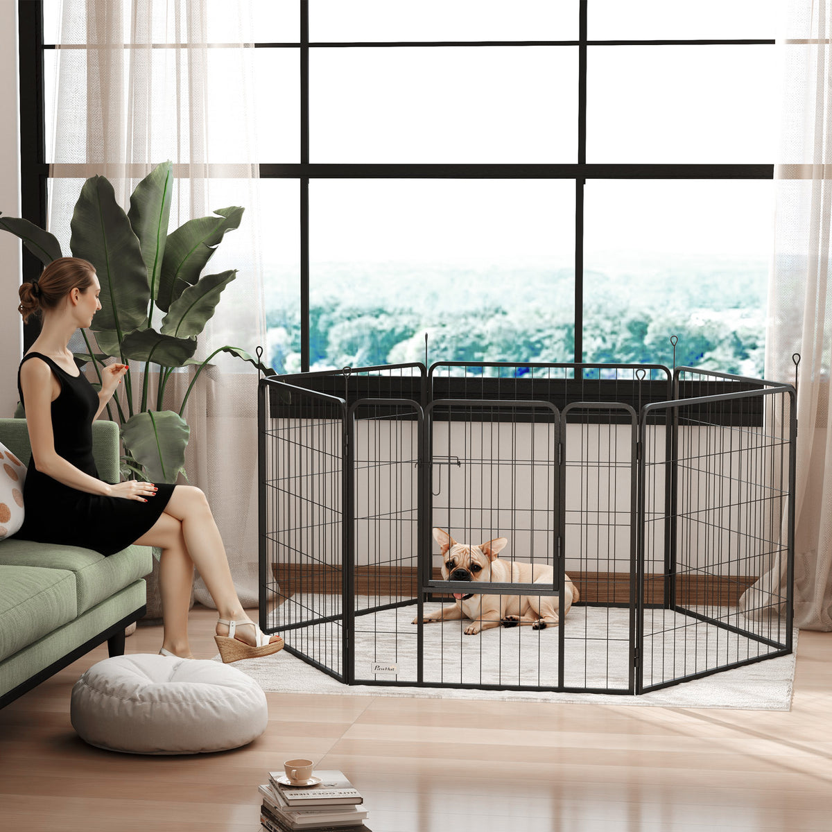 PawHut 6 Panels Dog Playpen, Portable Detachable Puppy Pen with Door, for Medium Dogs, 80cm High, Grey