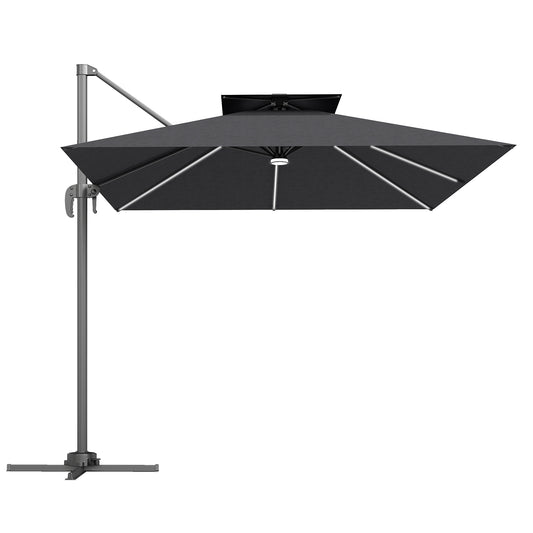 Outsunny 2.5m Cantilever Parasol with Solar Powered LED Lights, 360Â° Rotation, Tilt Adjustment, Crank Handle, Dark Grey