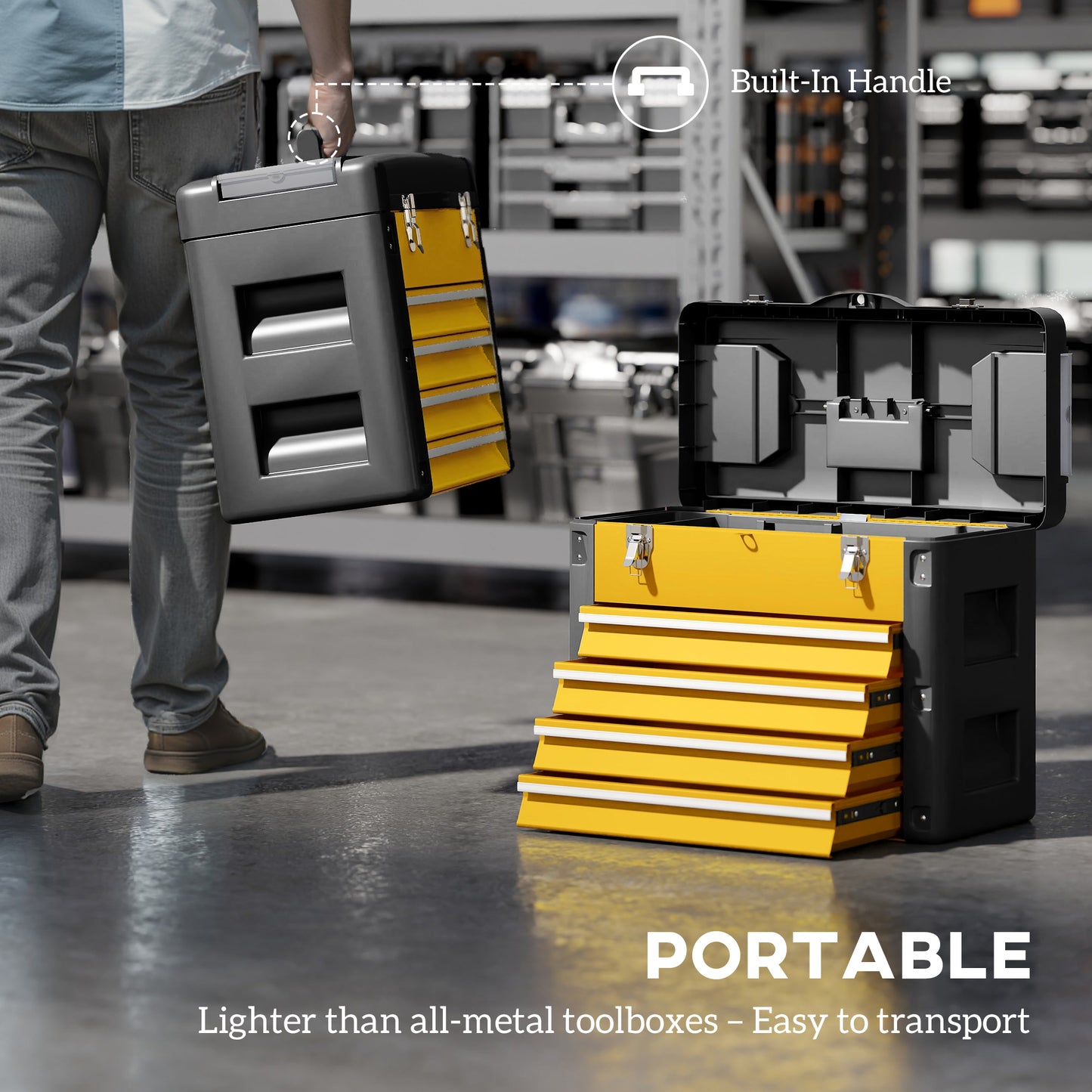 HOMCOM 4 Drawers Large Toolbox - Yellow