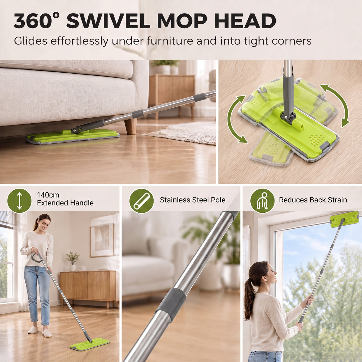 HOMCOM Mop and Bucket Set, Compact Flat Mop System with Wringer, 2 Chambers, 5 Reusable Pads, Dark Grey and Green