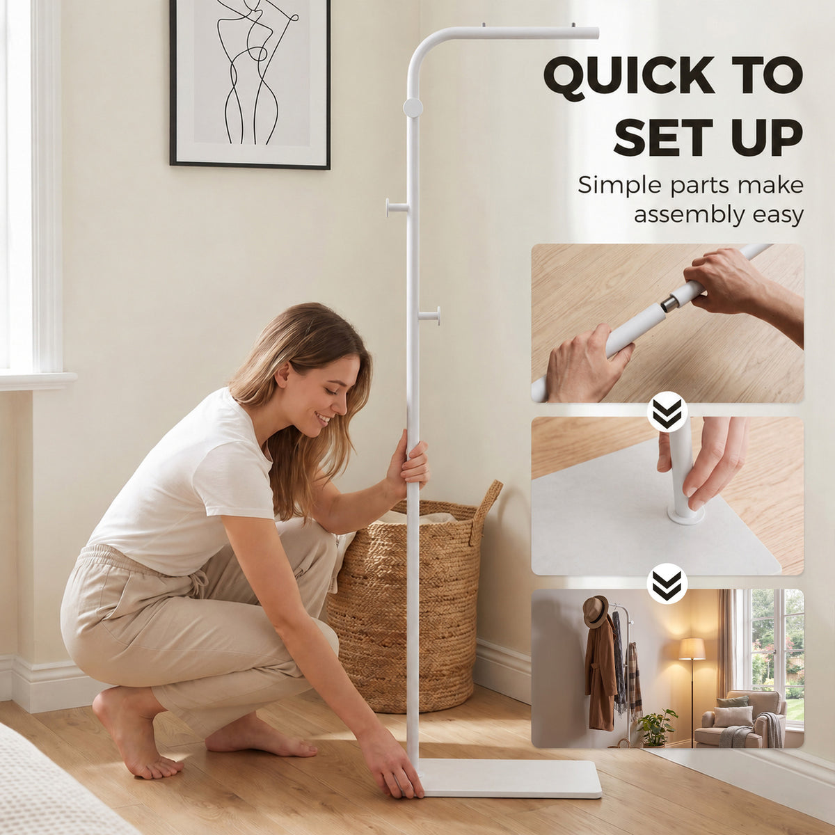 HOMCOM Clothing Rack with 3 Side Hooks, Garment Rack with Marble Base, 45 x 25 x 169 cm, for Bedroom, Bathroom, White