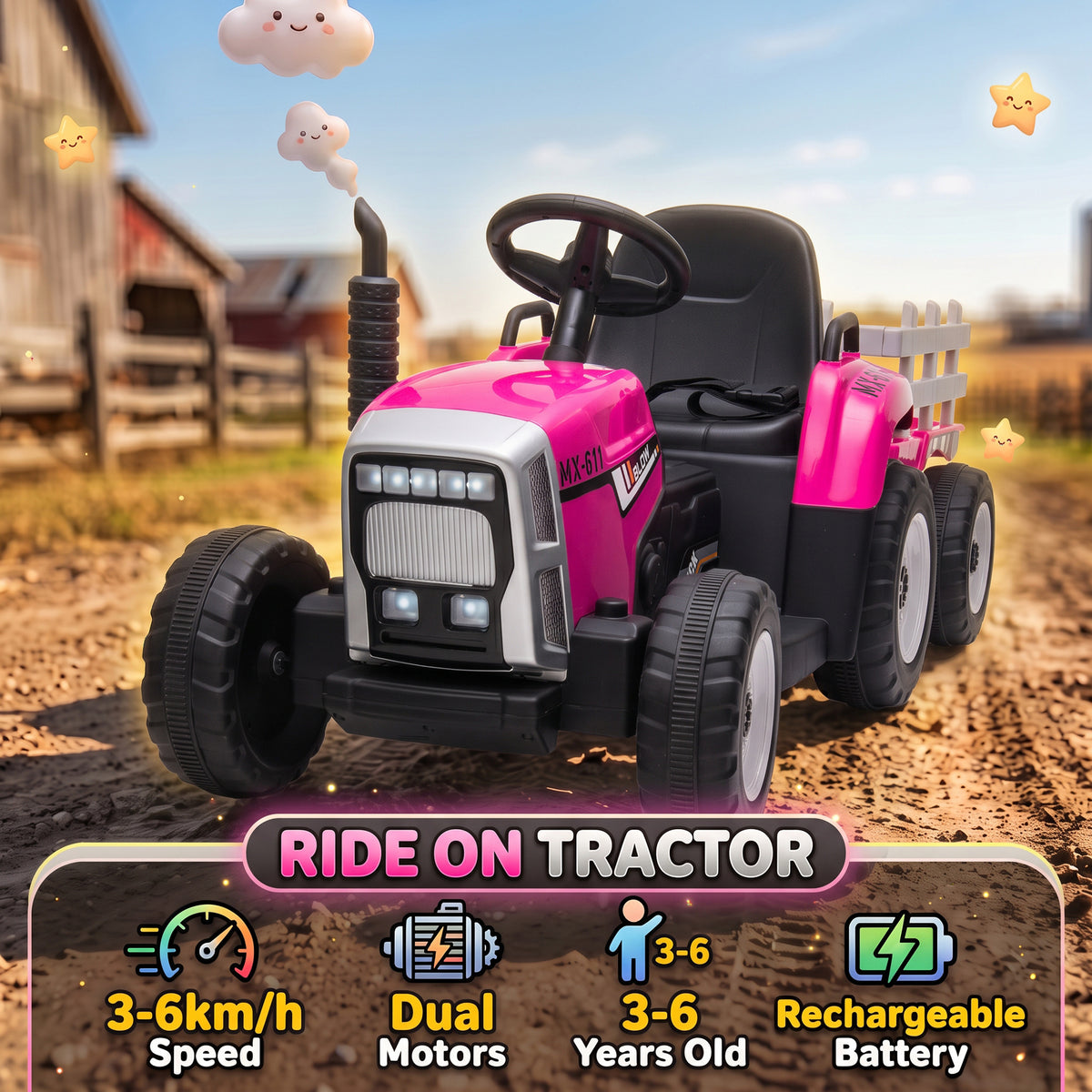 HOMCOM 12V Kids Ride on Tractor with Detachable Trailer, Remote, Soft Start, Seat Belt, Music, USB, Horn, Lights for 3-6, Pink