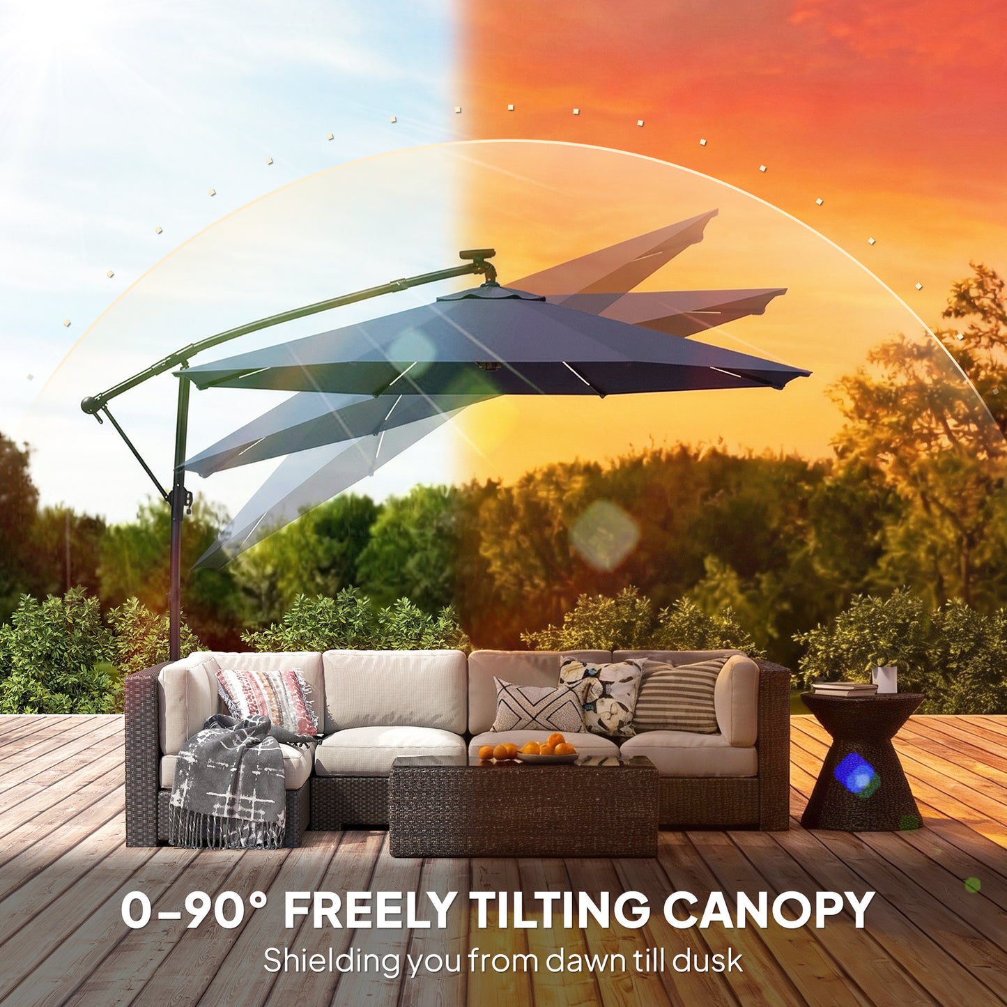Outsunny 3 m Garden Cantilever Parasol with LED Solar Light, Round Overhanging Umbrella with 360Â° Rotation, Cover, Navy Blue