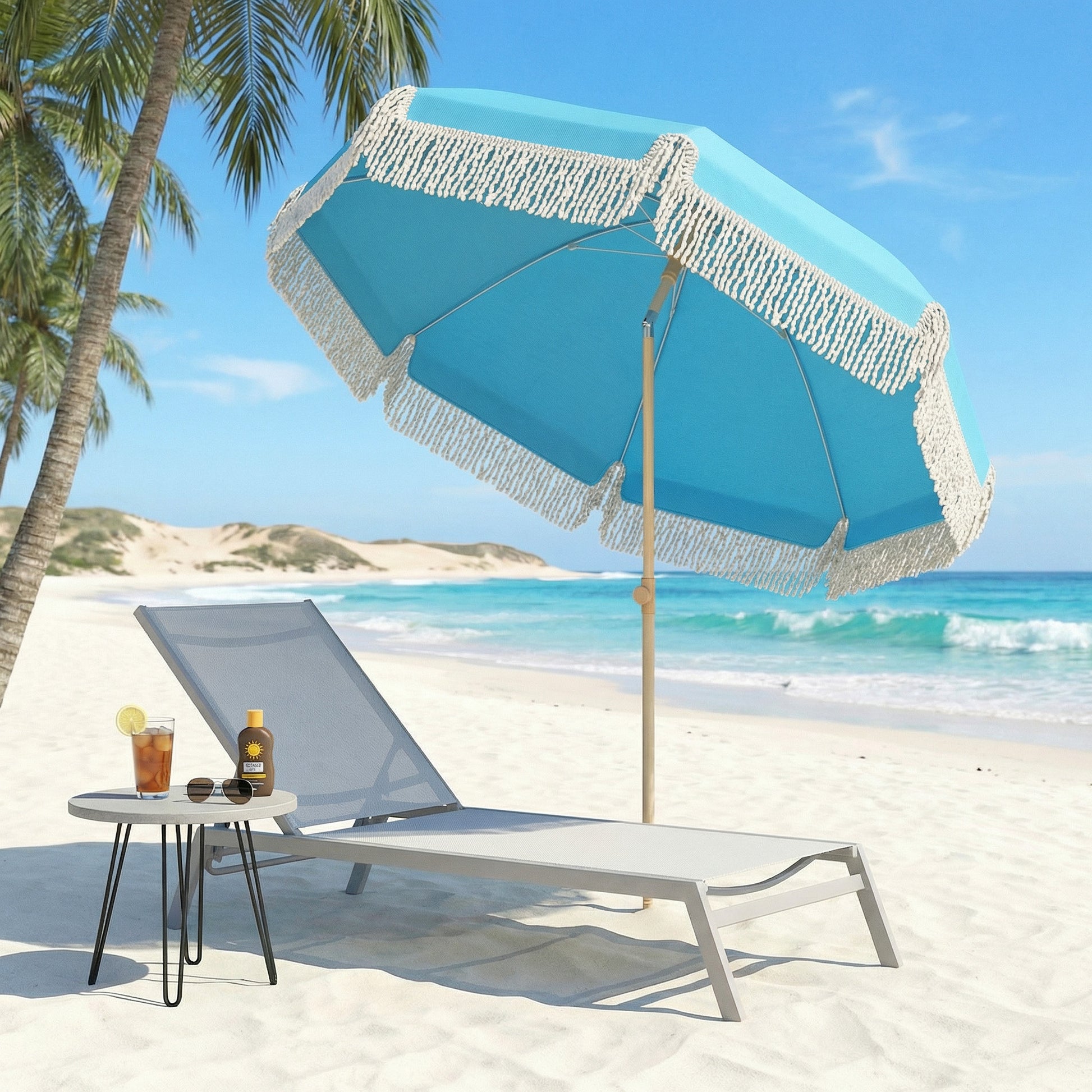 Outsunny 1.7 m Beach Umbrella with Sand Anchor, 30Â° Tilting Fringed Beach Garden Parasol with Adjustable Height, Grey
