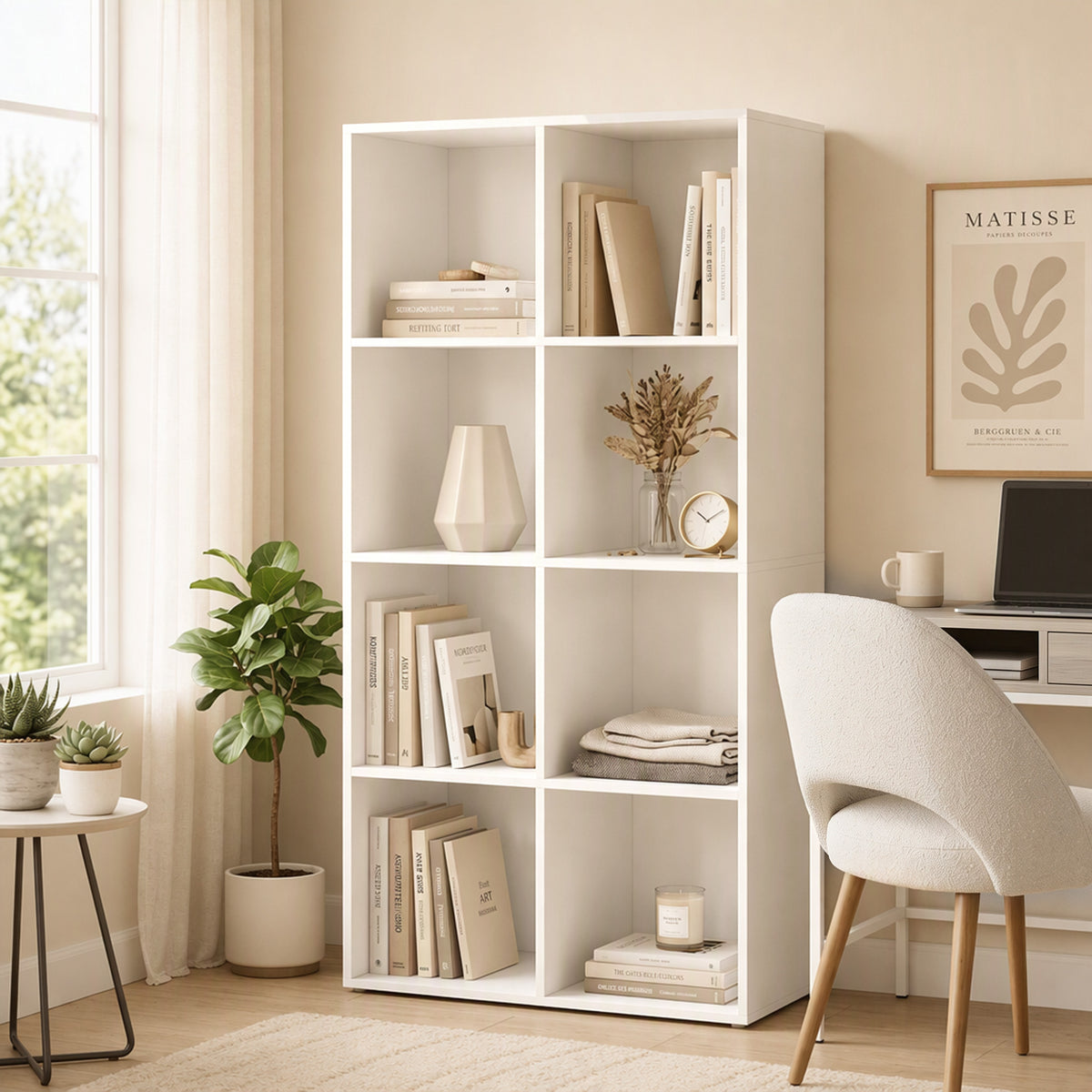 HOMCOM Bookcase with 8 Cubes, 60 x 30 x 121 cm Display Shelf with Anti-Tipping Design, White Wood-Effect