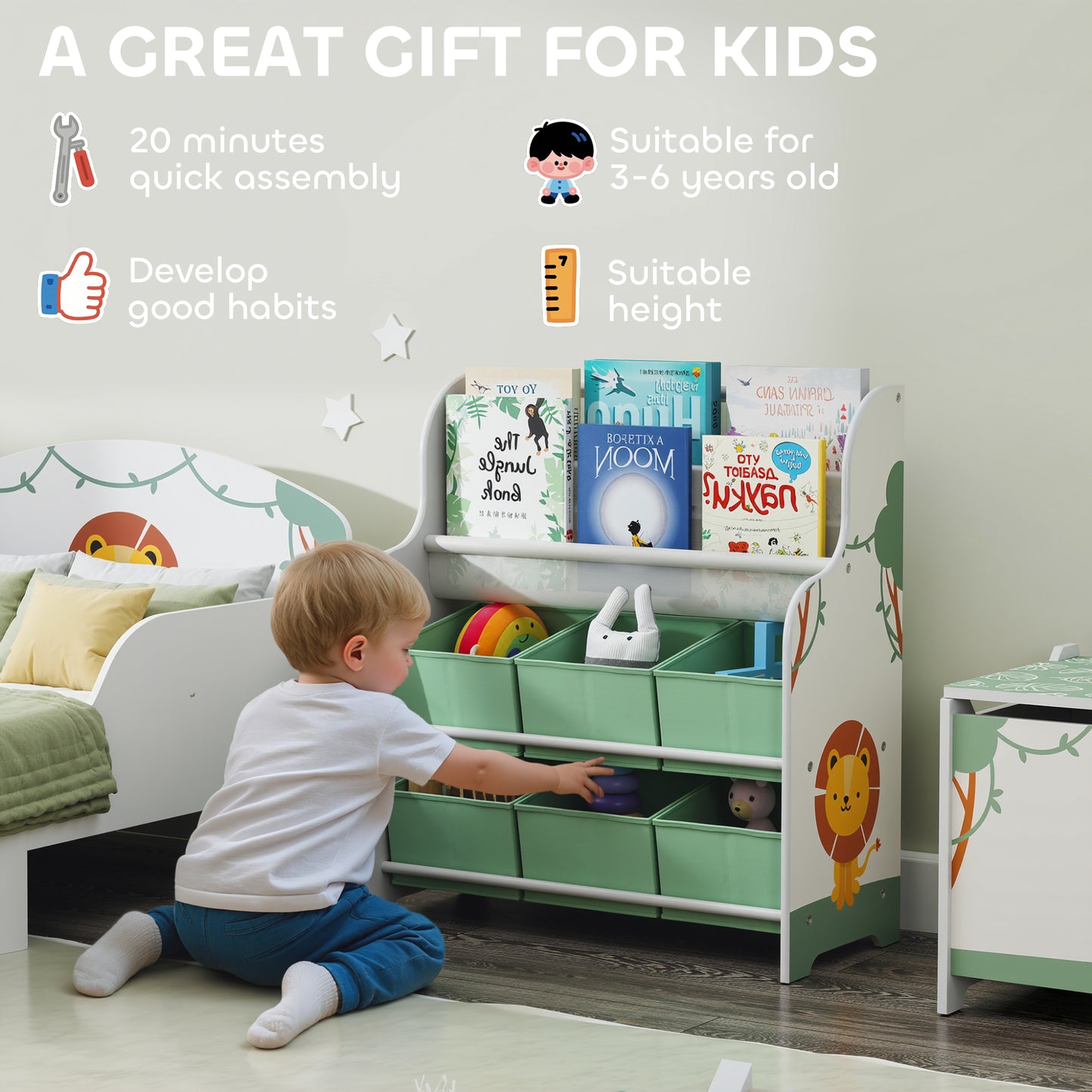 AIYAPLAY Kids Storage Unit, Toy Organiser with 6 Fabric Drawers and 2-Tier Sling Book Rack for Bedroom, Playroom, Nursery, Green