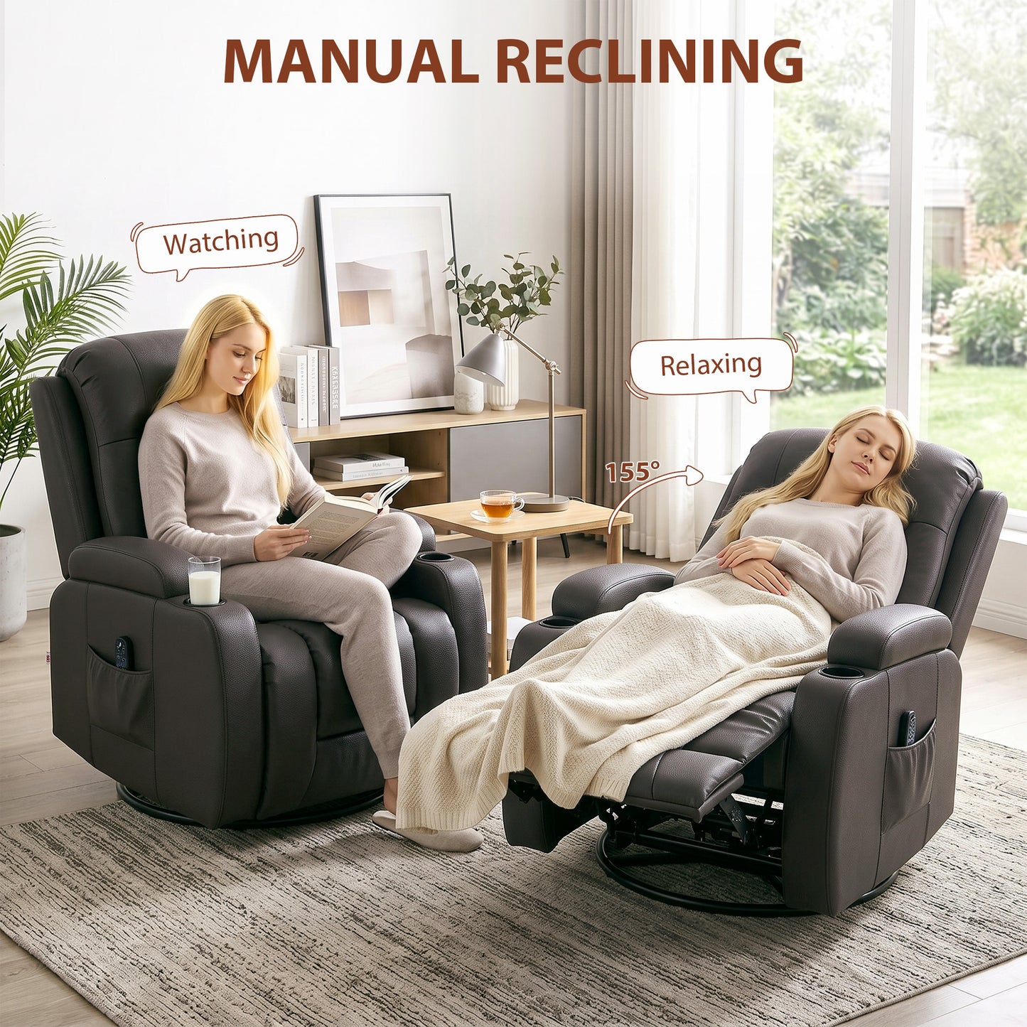 HOMCOM PU Leather Recliner Chair, Recliner Armchair with Extended Footrest, Cup Holders and Side Pockets, Dark Brown