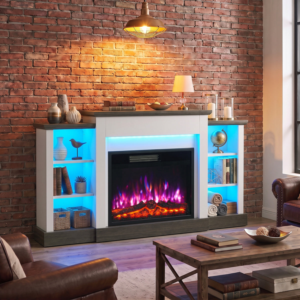 HOMCOM Electric Fireplace TV Stand 138cm, LED Strips, Adjustable Flame Effect, 6 Shelves, Entertainment Center Console Table