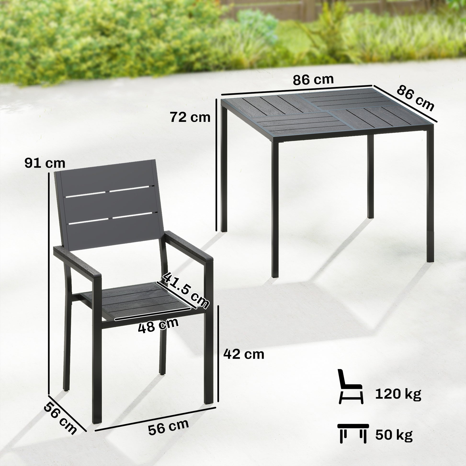 Outsunny 5 Pieces Garden Dining Set, Garden Table and Chairs Set for 4 with Square HDPE Table and Chairs with Armrests, Black