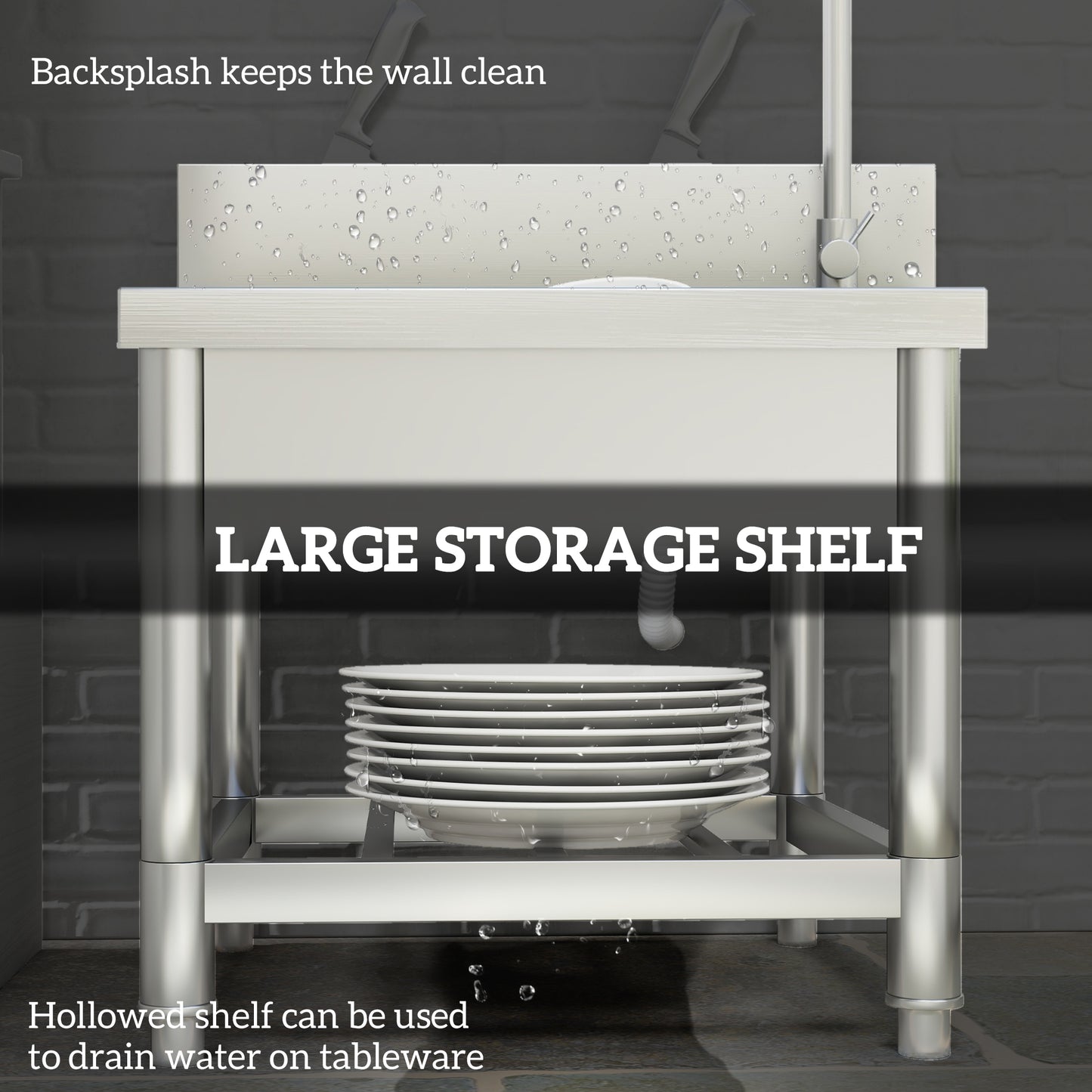 HOMCOM Outdoor Utility Sink, Stainless Steel Free Standing Single Bowl Kitchen Sink with Cold and Hot Water Pipe and Storage Shelf for Laundry Garage, 55 x 50 x 100 cm