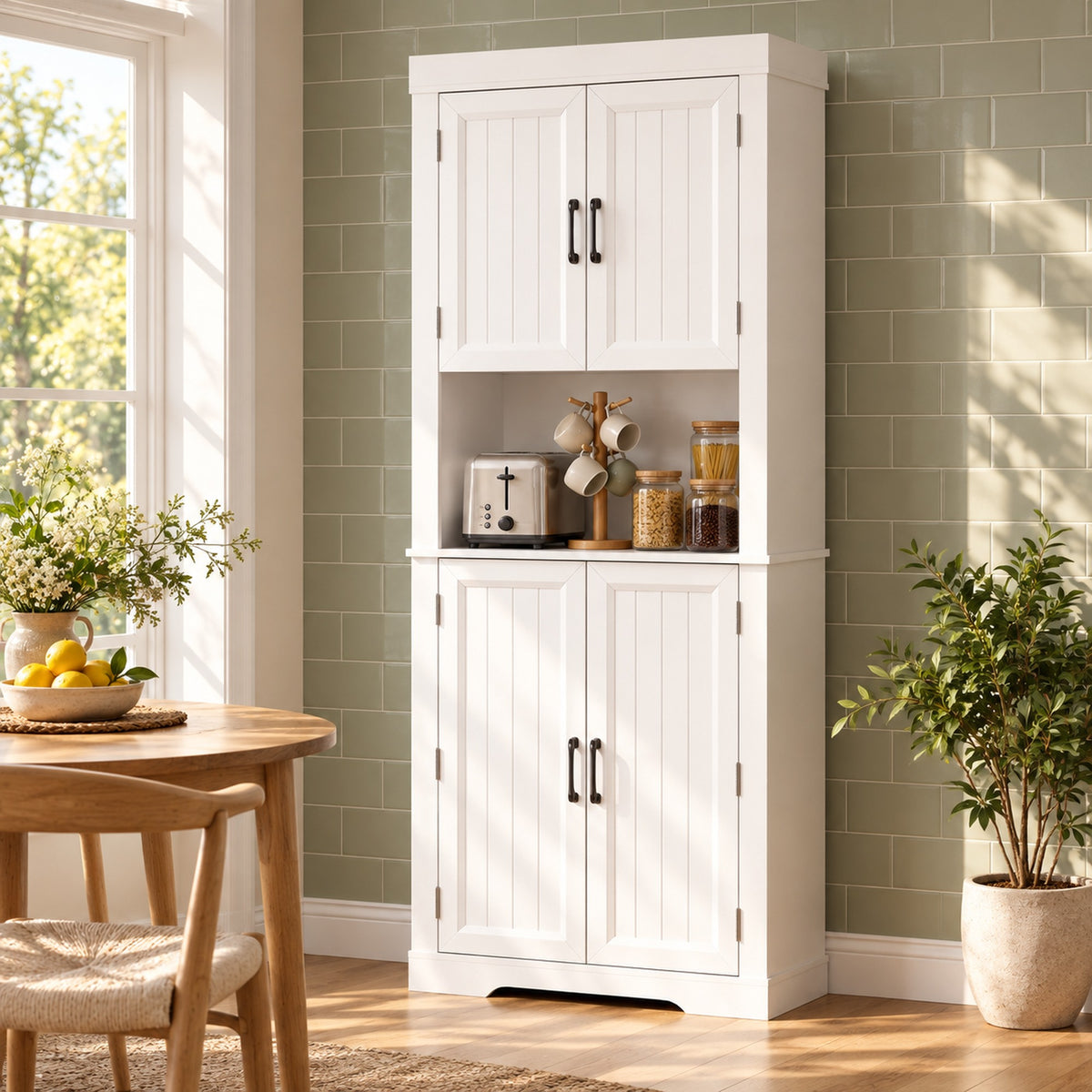 HOMCOM 183 cm Tall Kitchen Cupboard, Kitchen Cabinet with Open Countertop, Door Racks and Adjustable Shelves, White