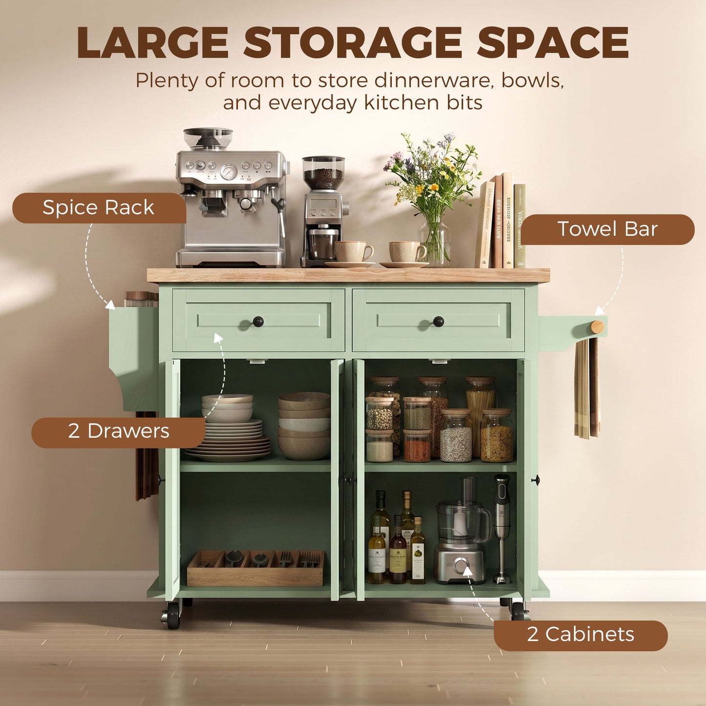 HOMCOM Rolling Kitchen Island Storage Trolley with Rubber Wood Top & Drawers for Dining Room, Light Green