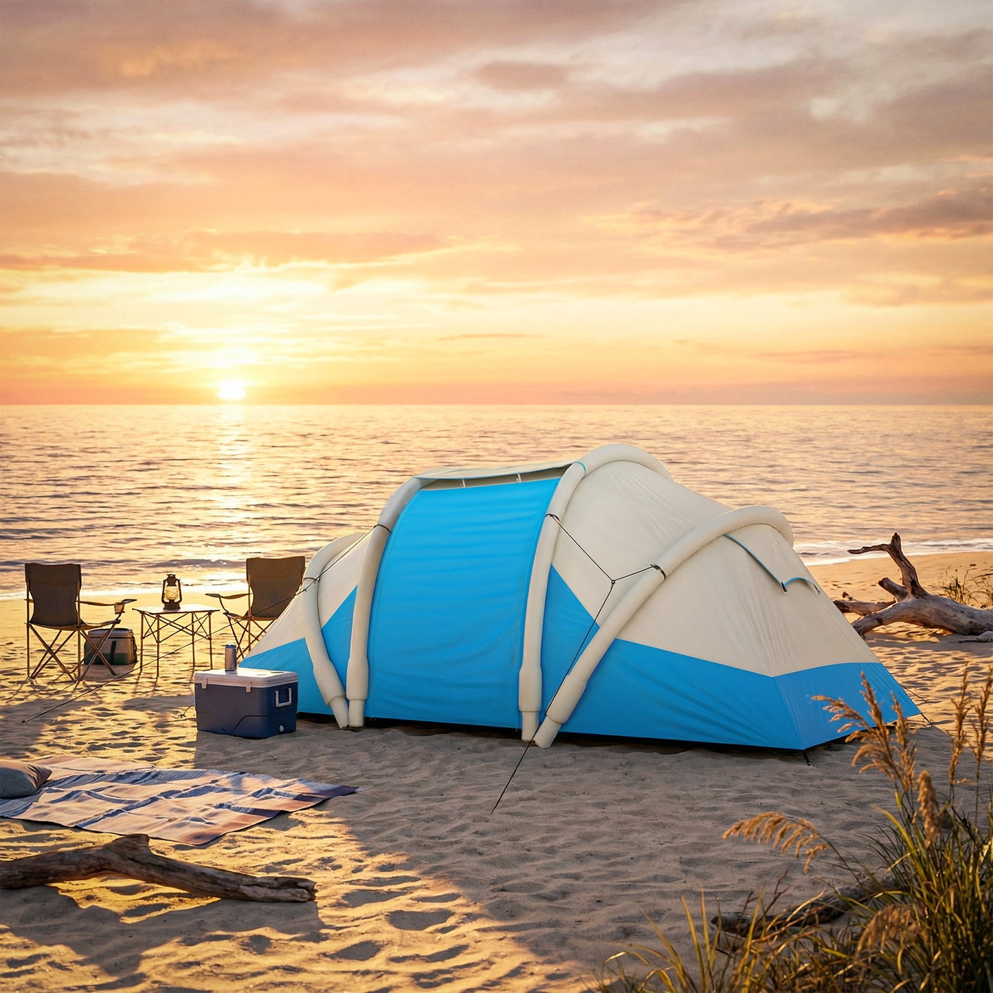 Outsunny Inflatable Tent 2 Bedroom Tunnel Design Windproof Air Tent with Carry Bag for 4 Person
