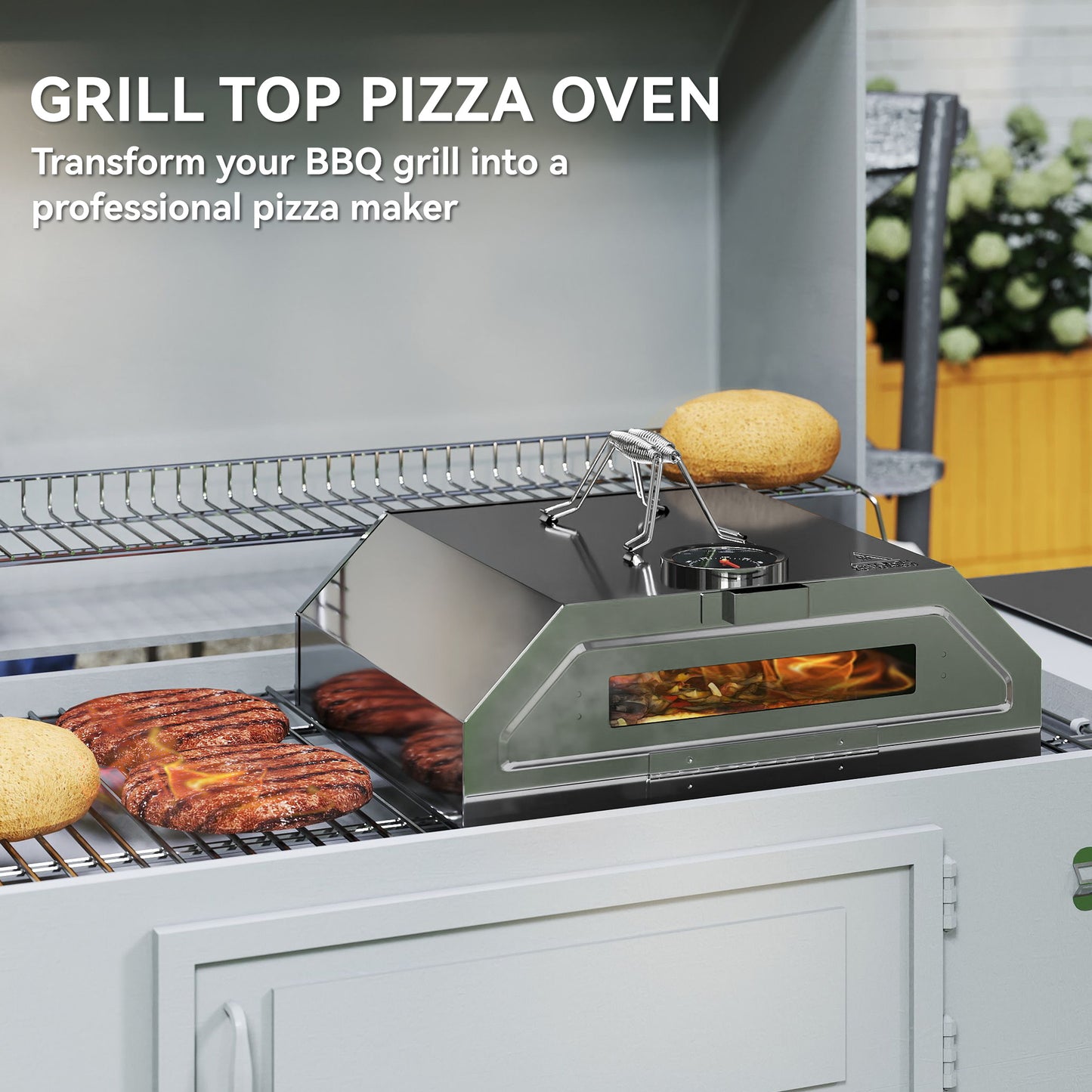 Outsunny 8 in Portable Stainless Steel BBQ Grill Top Pizza Oven with Built-in Thermometer and Viewing Window for Gas and Charcoal BBQ Grills, Includes Carry Handles, Pizza Stone and Peel, Silver Tone