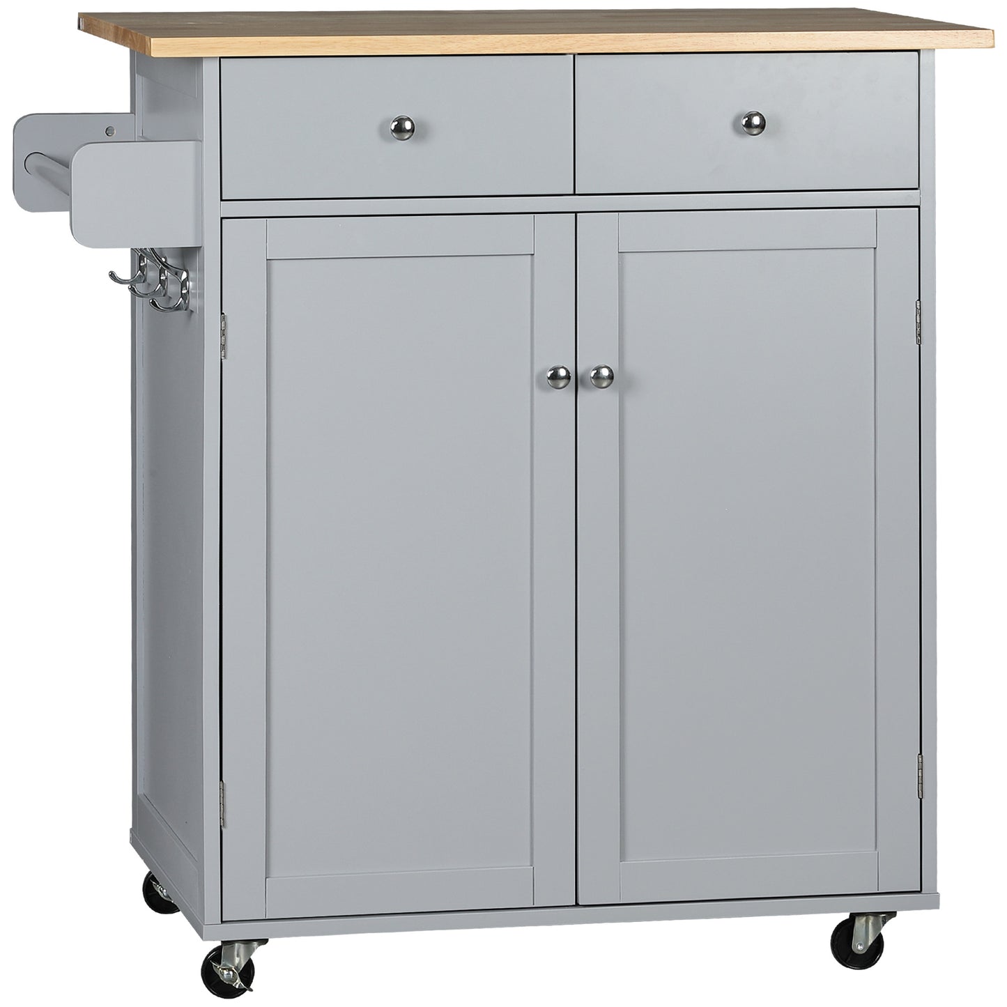 HOMCOM Rolling Kitchen Island on Wheels, Utility Serving Cart with Rubber Wood Top, Towel Rack, Hooks and Storage Drawers, Grey Default Title