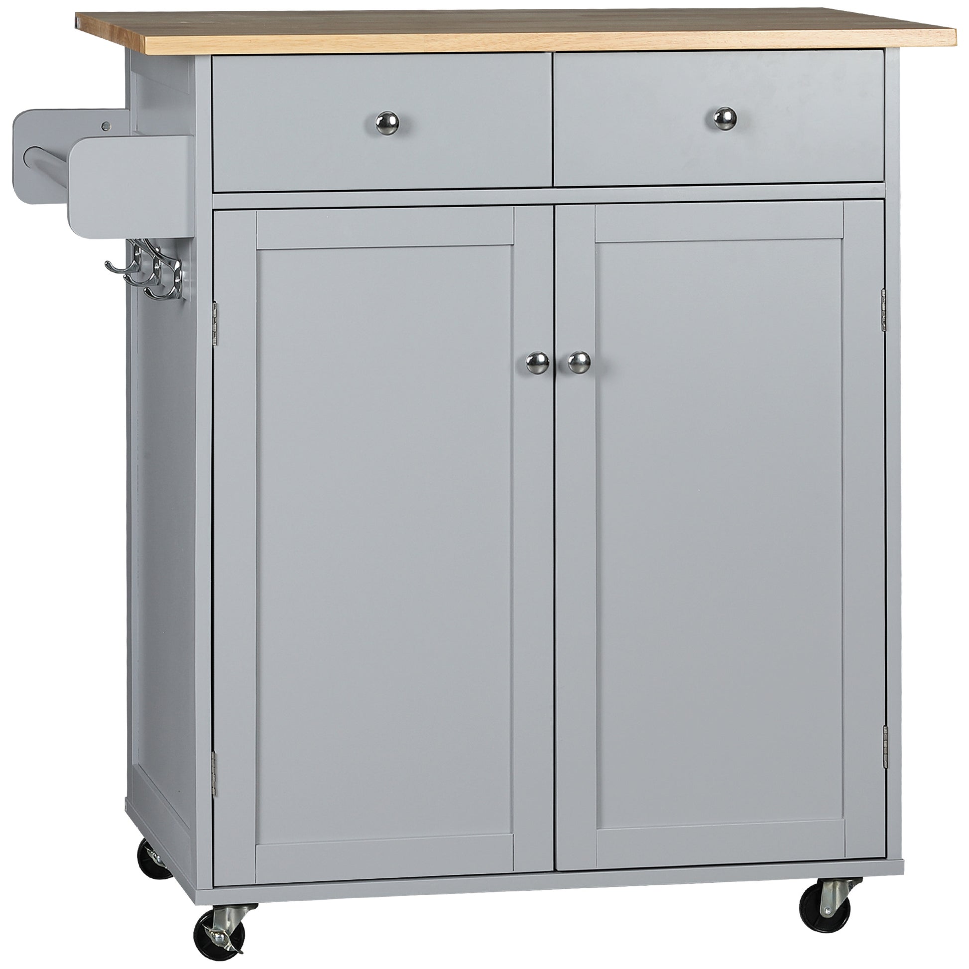 HOMCOM Rolling Kitchen Island on Wheels, Utility Serving Cart with Rubber Wood Top, Towel Rack, Hooks and Storage Drawers, Grey Default Title