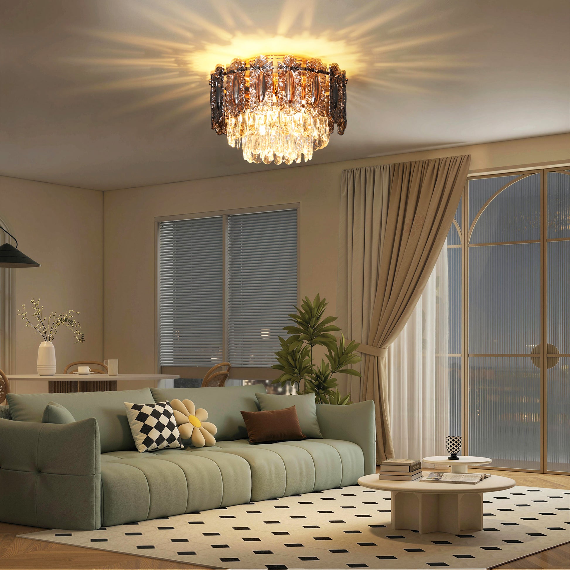 HOMCOM Chandelier Ceiling Light, 3-Light Vintage Flush Mount Fixture with Dual Crystal and Smoke Glass Shade, LED Ceiling Light for Living Room Bedroom, 3 E14 Sockets, Bulbs Not Included, Gold Tone