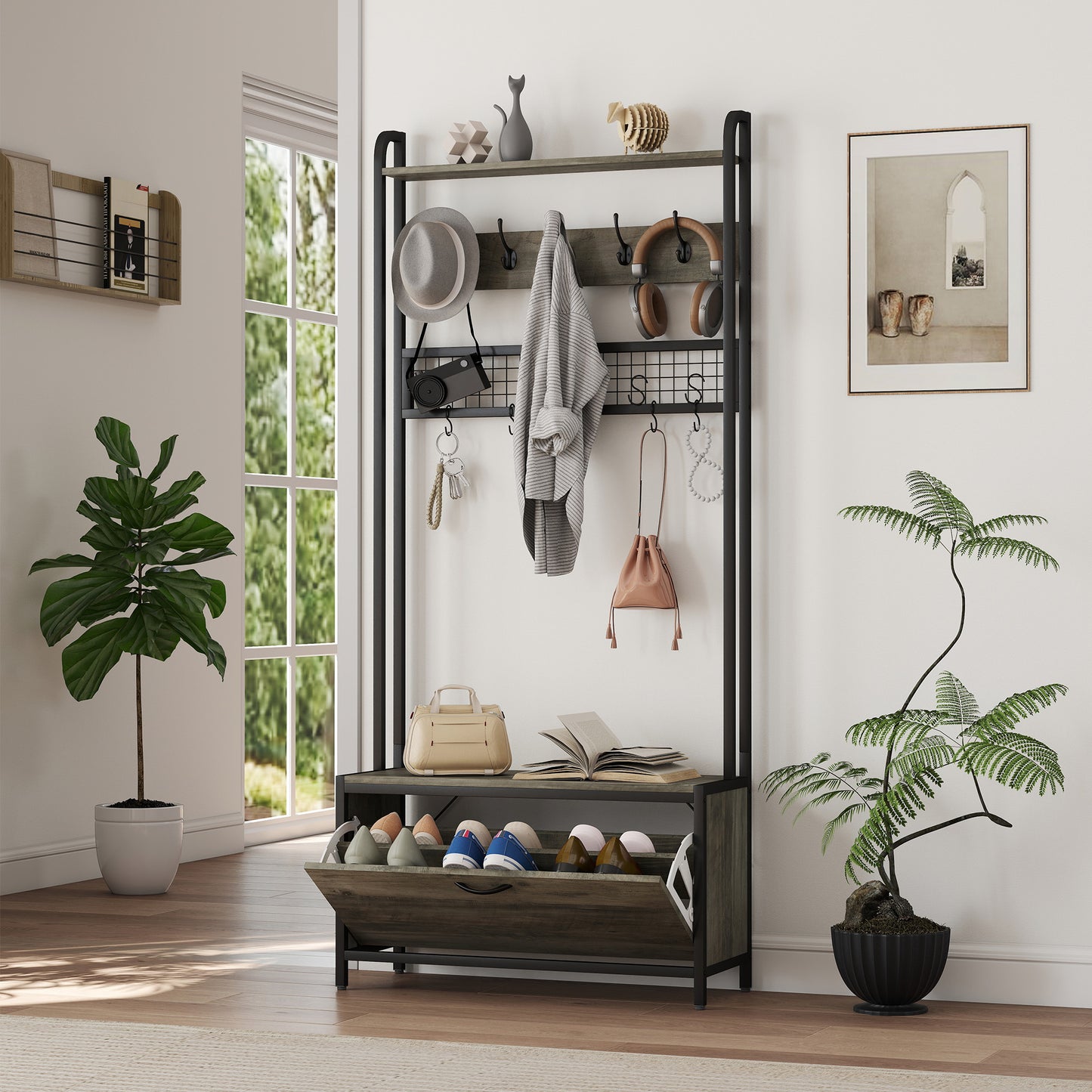 HOMCOM 5-In-1 Industrial-Style Hallway Tree - Grey/Black