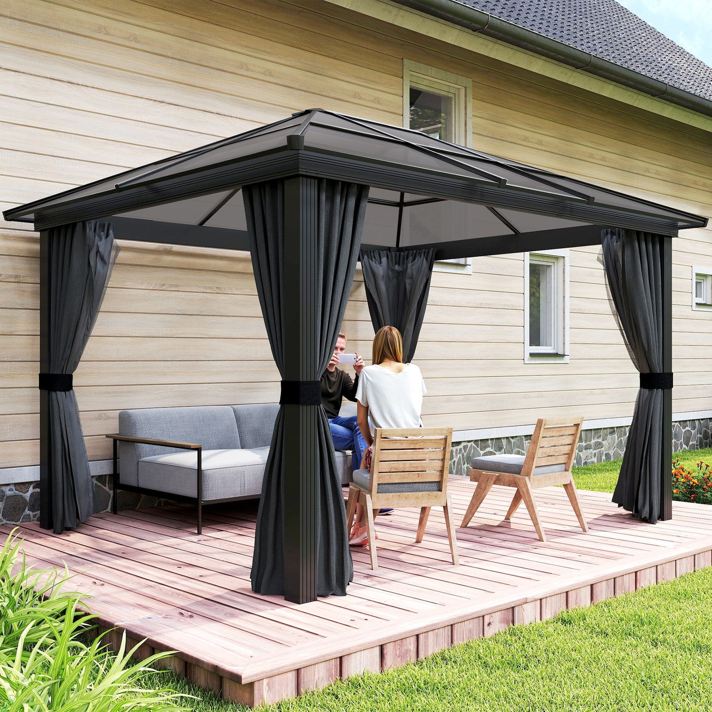 Outsunny 3 x 3.6m Hardtop Gazebo Canopy with Polycarbonate Roof, Aluminium Frame, Permanent Pavilion Garden Gazebo with Netting and Curtains for Patio, Deck, Dark Grey