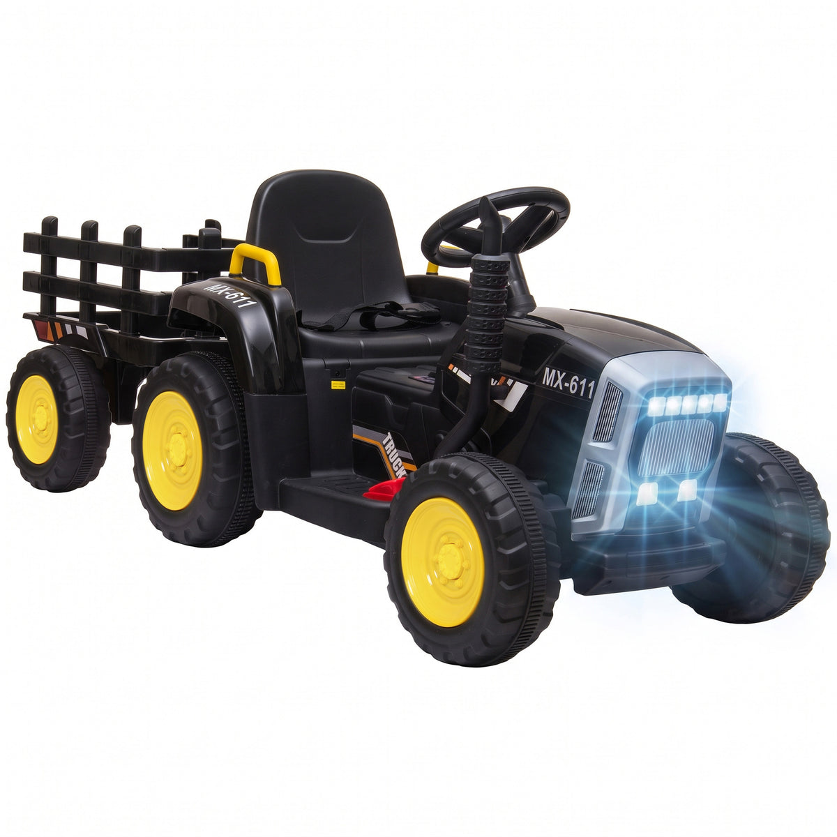 HOMCOM 12V Kids Ride on Tractor with Detachable Trailer, Remote, Soft Start, Seat Belt, Music, USB, Horn, Lights for 3-6, Black Default Title