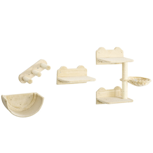 PawHut 4PCs Wall-Mounted Cat Shelves w/ Scratching Post, Hammock, Nest - Beige