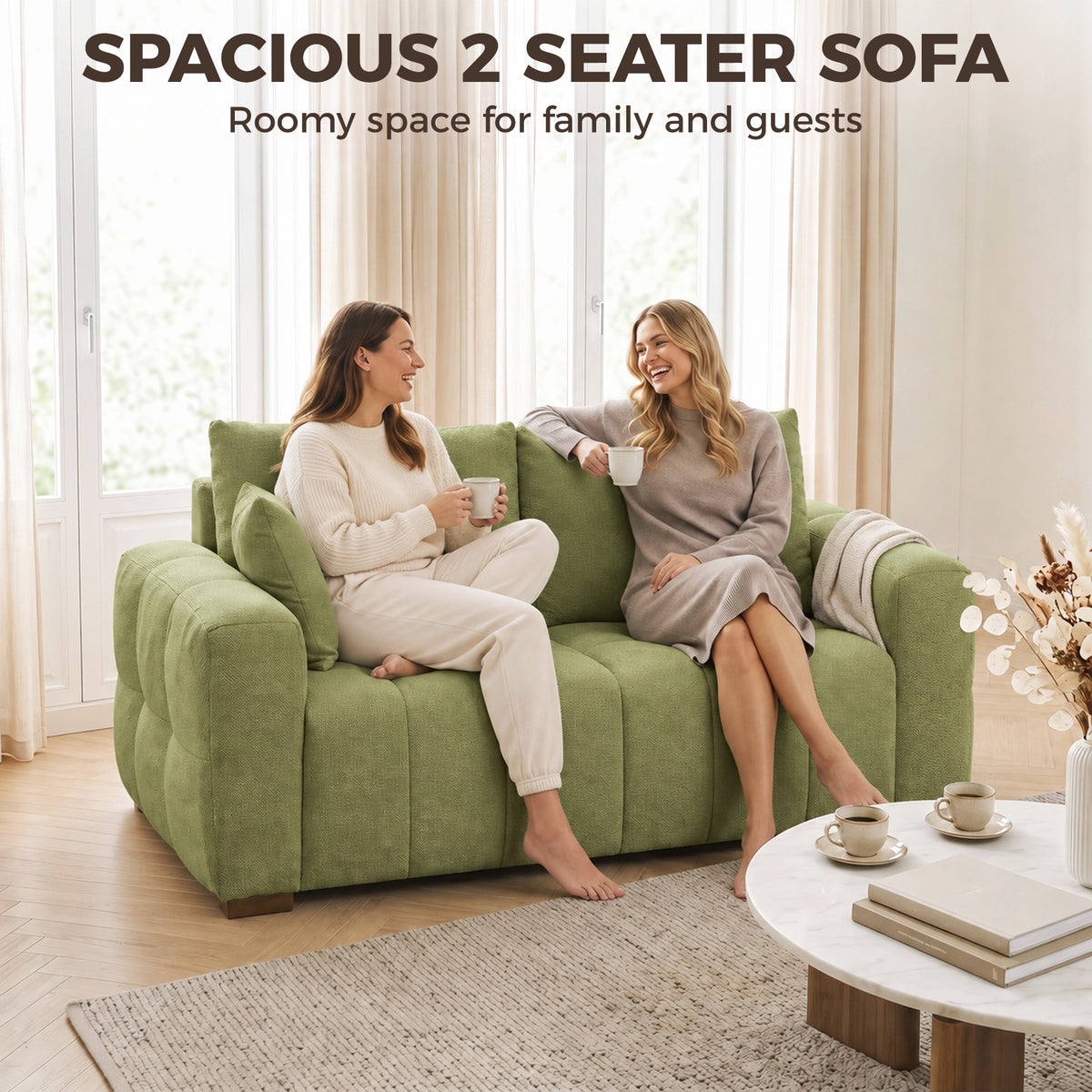 HOMCOM 2 Seater Sofa, Upholstered Velvet Small Couch for Bedroom with Pillows, Modern Sofa Settee with Padded Cushion and Wood Legs for Living Room, Green