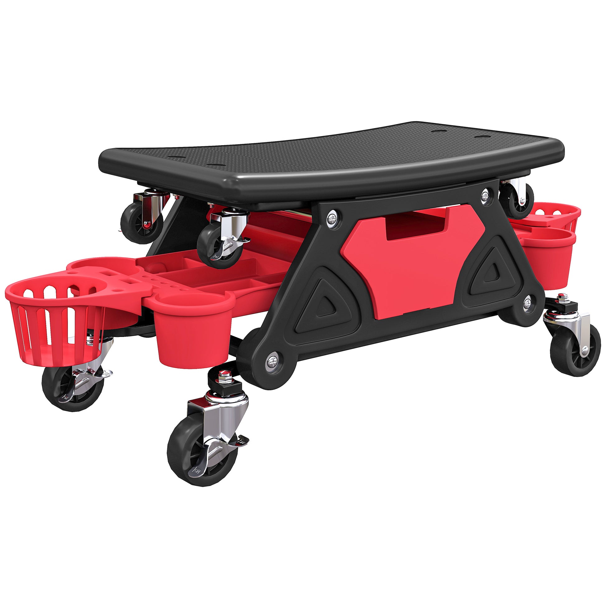 HOMCOM Rolling Mechanic Stool, 135kg Capacity Workshop Stool with 360Â° Swivel Wheels, Roller Creeper Seat with Slide Out Tool Trays, Drawer, Bottle Holders for Garage, Shop, Auto Repair, Red