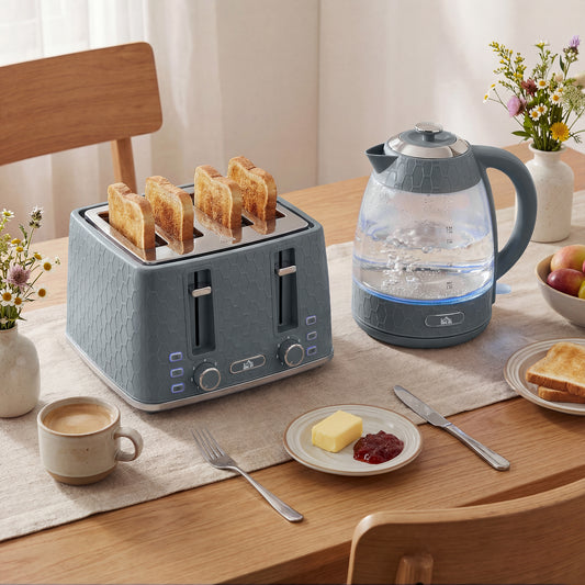HOMCOM Kettle and Toaster Set, 1.7L 3000W Rapid Kettle with Strix Thermostat, 4 Slice Toaster with 7 Browning Controls, Grey