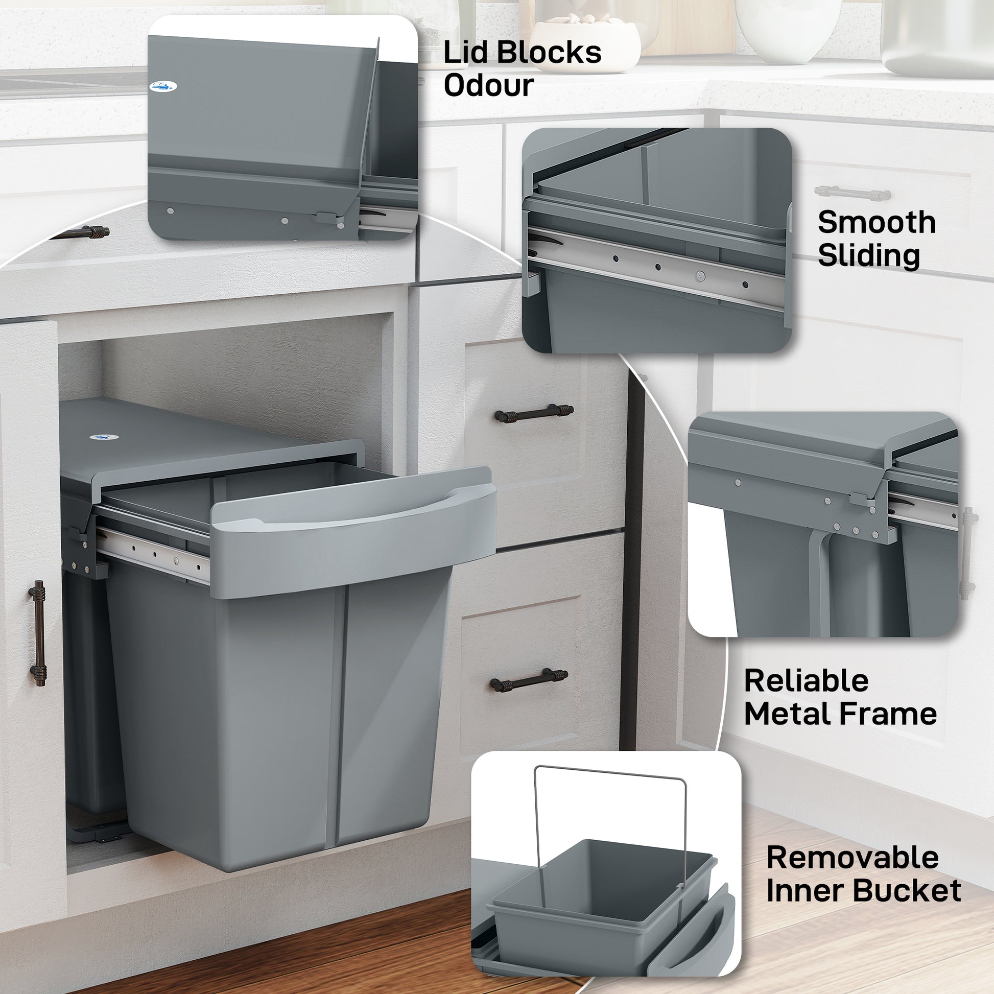 HOMCOM Pull Out Bin, Kitchen Under Sink Bin with 2 Removable Compartments, Smooth Glide, Grey