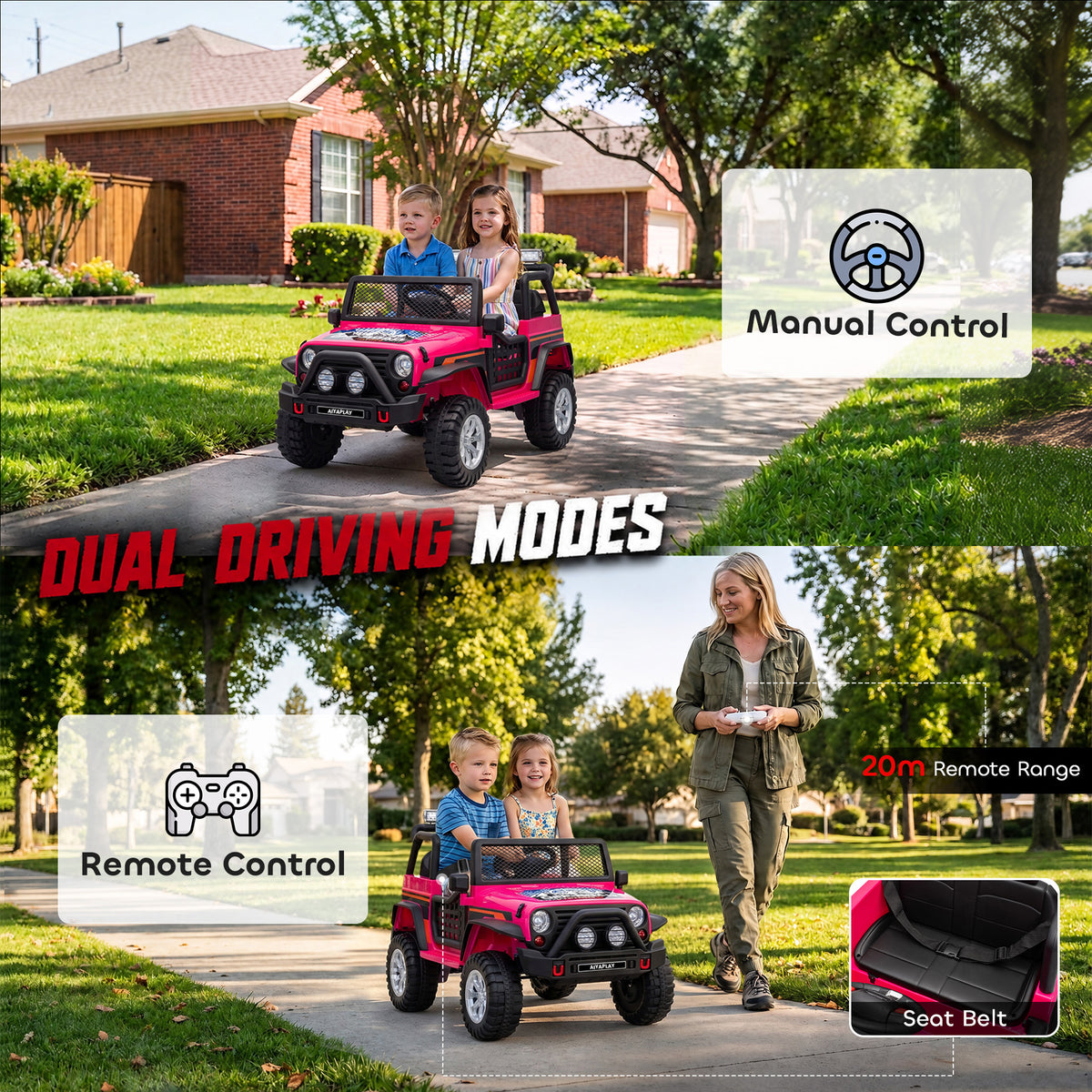 AIYAPLAY 12V Kids Electric Ride on Car with 2 Motors, Remote Control, Soft Start, Four-Wheel Suspension, Seat Belt