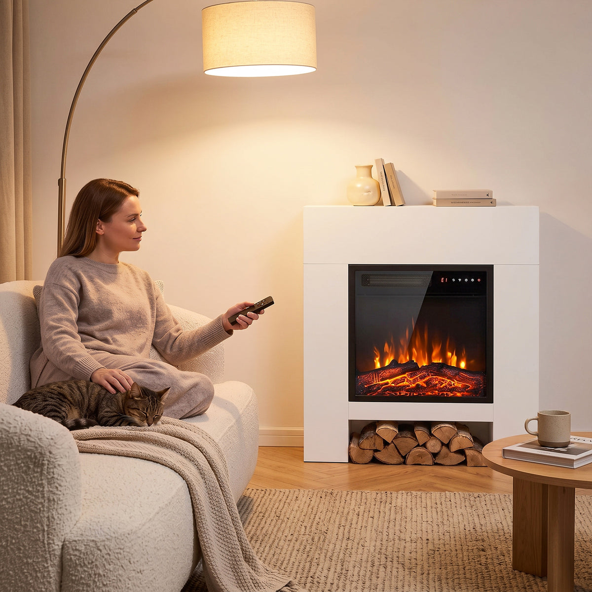 HOMCOM Freestanding Electric Fireplace Suite, Electric Fire and Surround with Shelf, Adjustable Flame Effect, Timer, Remote
