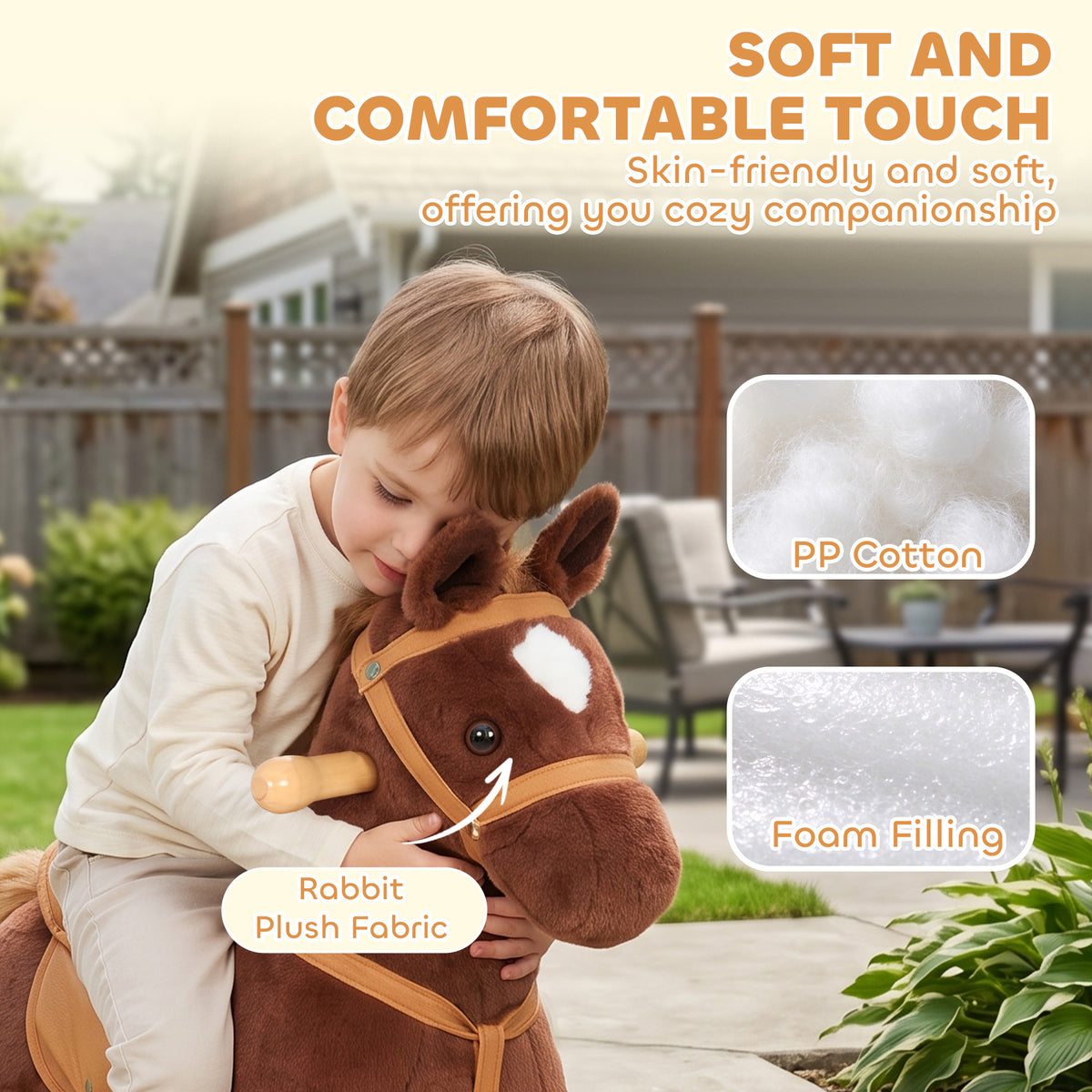 AIYAPLAY Rocking Horse, Plush Ride On Horse with Hoof and Neighing, Rolling Wheels and Pedal for 3-8 Y, Up to 50kg, Dark Brown