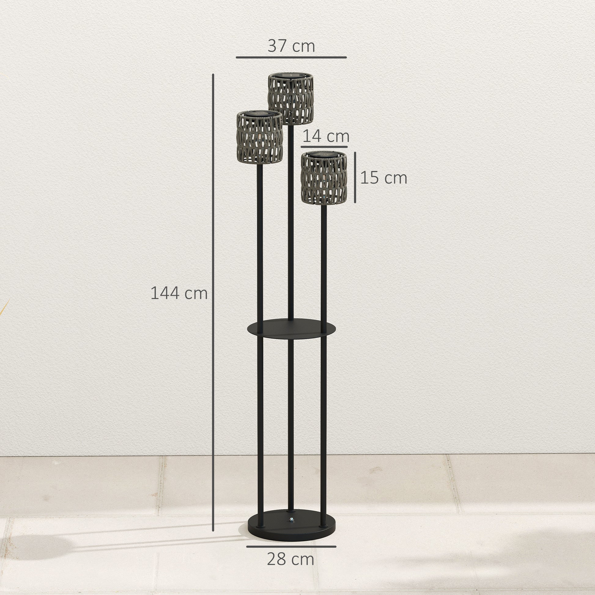 Outsunny Boho Rattan Floor Lamp, 3-Lights Rattan Lamp with Shelf, Freestanding Solar Garden Light with Auto On/Off Lights, Grey