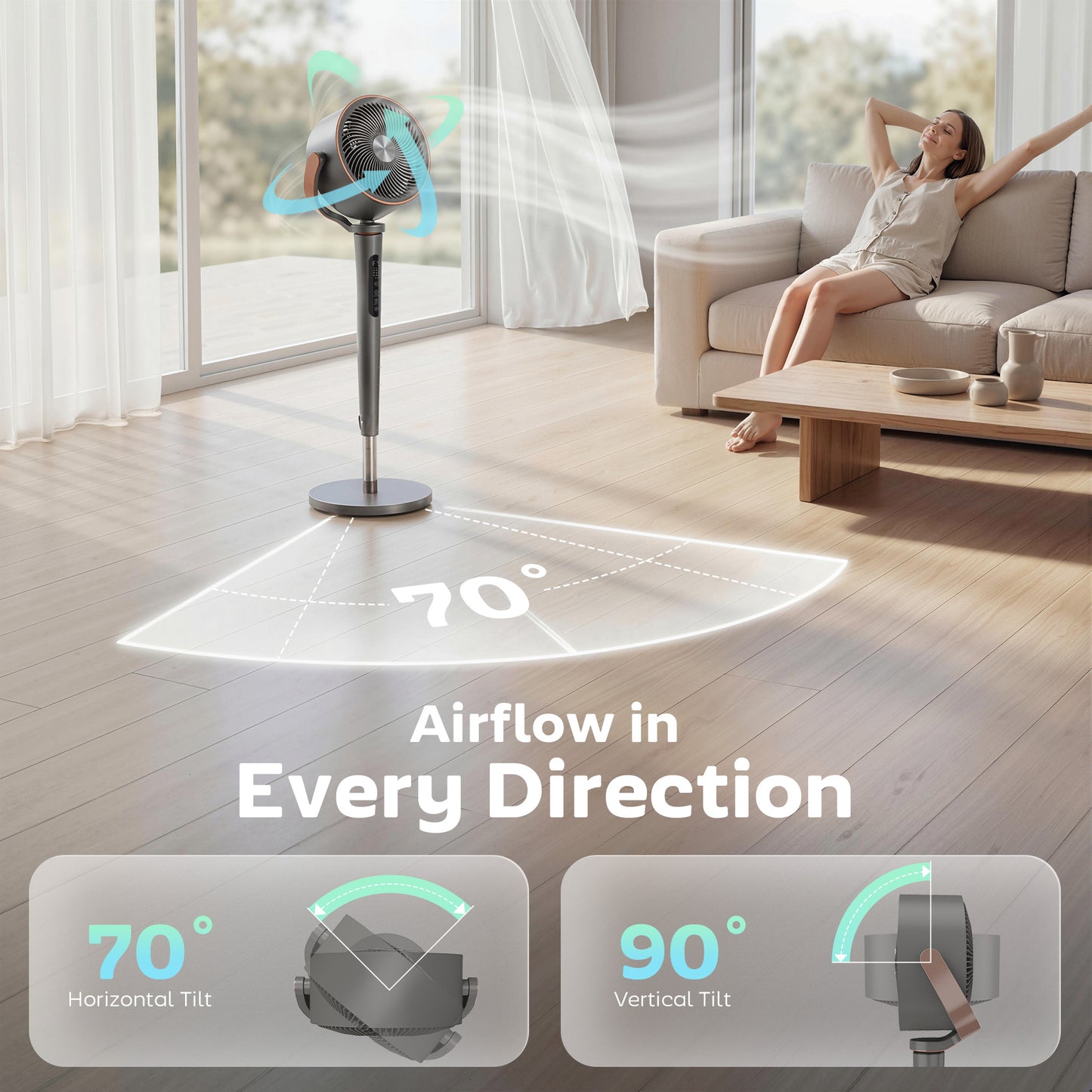 HOMCOM 20dB Silent Standing Fan, 70Â°+90Â° Auto Oscillating Fan with 12 Speeds, LED Light, Air Circulator, Remote Control, 12H Timer, for Bedroom, 46 Inch, Grey