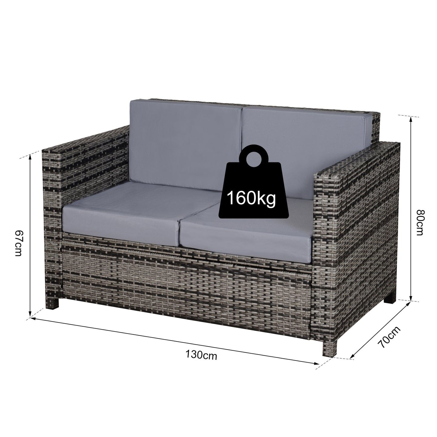 Outsunny Rattan Sofa, 2 Seater Garden Furniture with Soft Padded Cushion and Armrests, Wicker Garden Loveseat for Patio, Mixed Grey