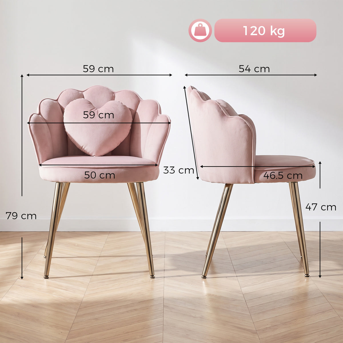HOMCOM Accent Chair Velvet Upholstered Armchair Lotus Back Heart Pillow Lumbar Pillow Metal Legs Soft Pink