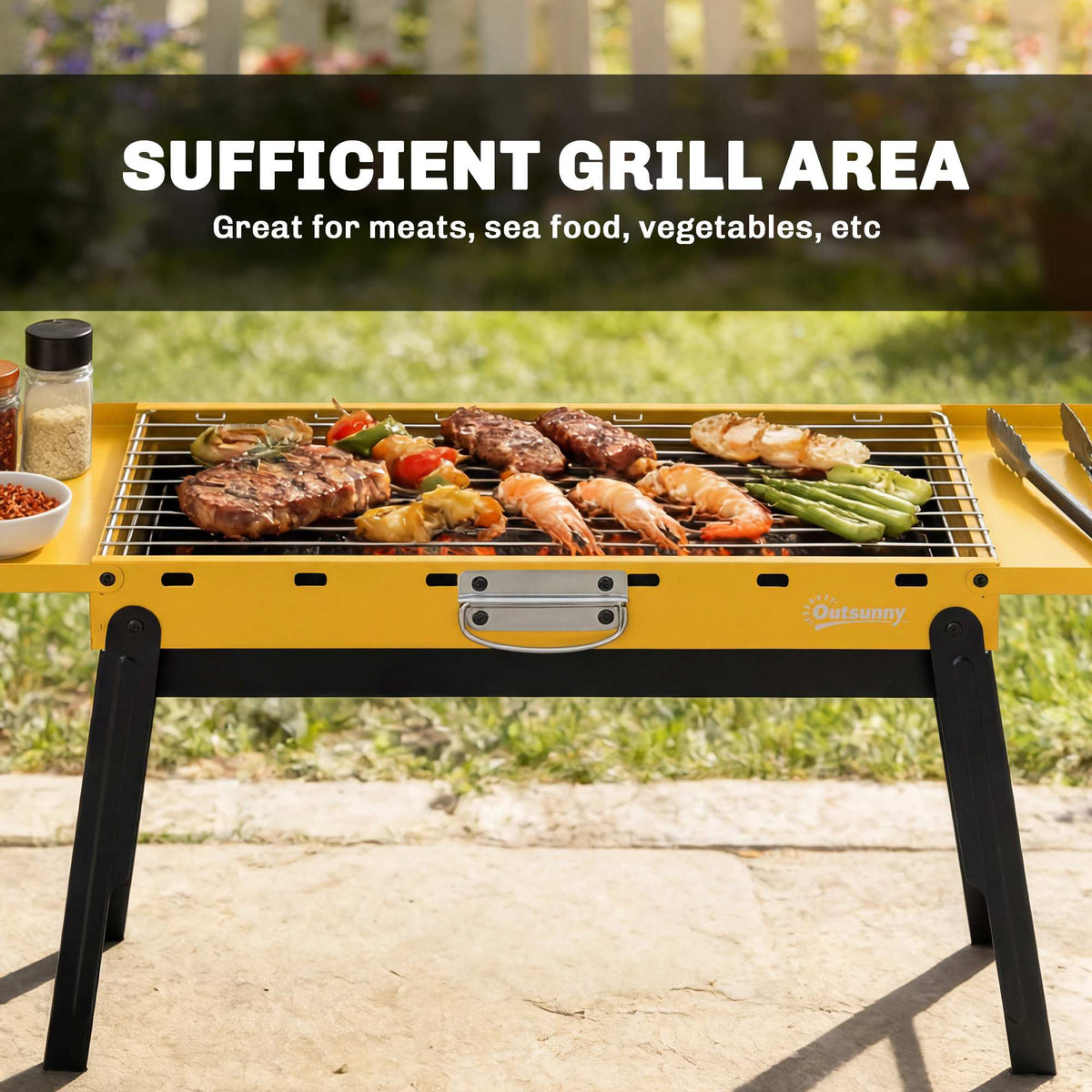Outsunny Portable BBQ Grill, Foldable Charcoal Grill for Camping and Picnics with 2 Side Shelves and Handle, Yellow