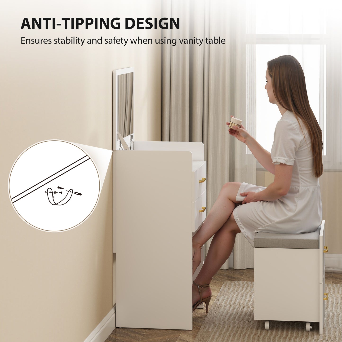 HOMCOM 3 in 1 Dressing Table with Flip-top Mirror and Rolling Stool, Modern Vanity Desk with Visible Glass Tabletop, Drawers and Side Hook, Makeup Table with Cushioned Storage Stool for Bedroom, White