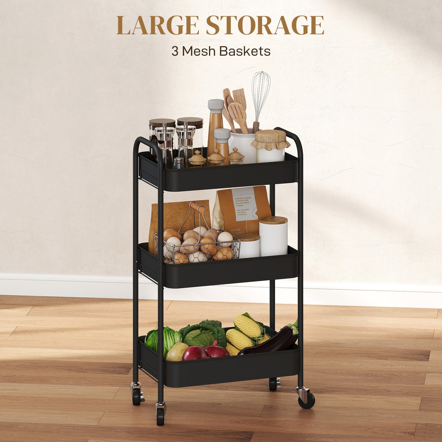 HOMCOM Three-Tier Steel Storage Trolley - Black