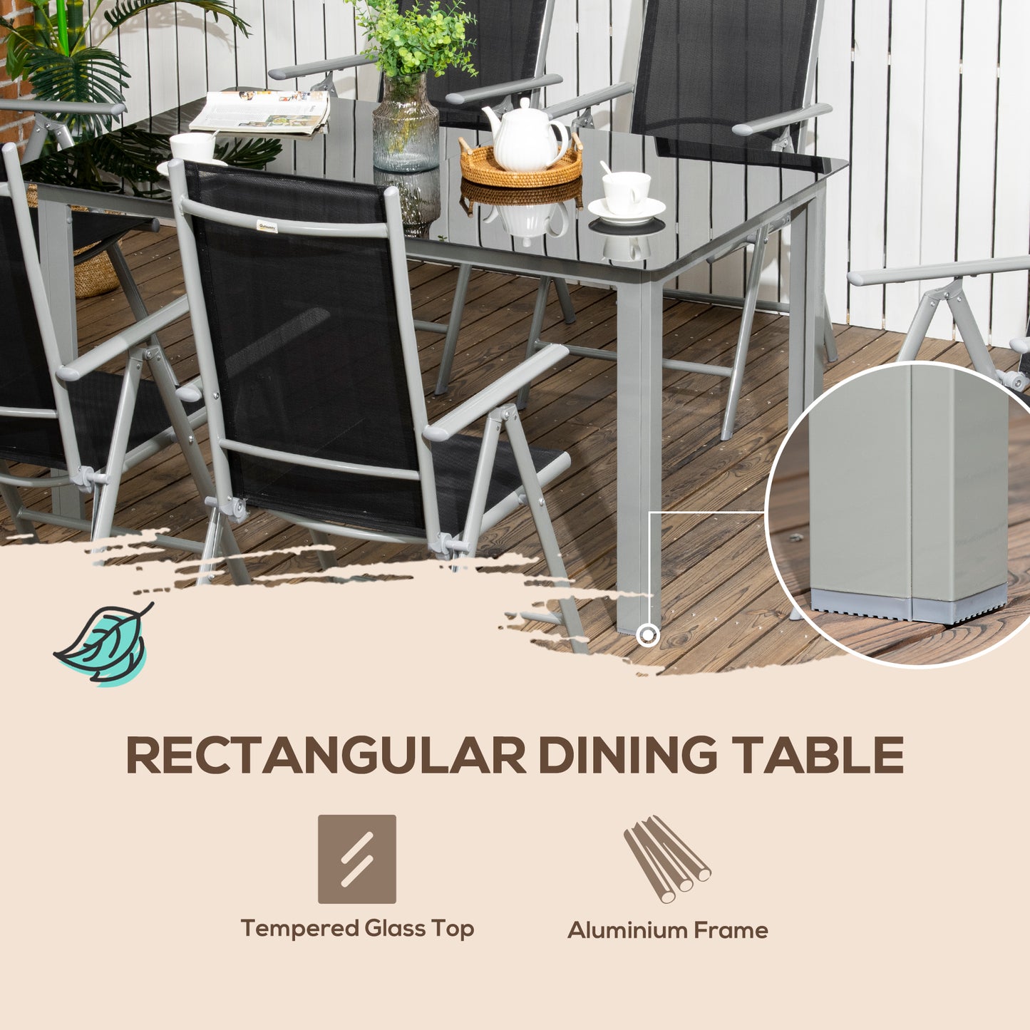 Outsunny 7 Piece Garden Dining Set, Outdoor Table and 6  Folding and Reclining Chairs, Aluminium Frame, Tempered Glass Top Table, Texteline Seats, Black