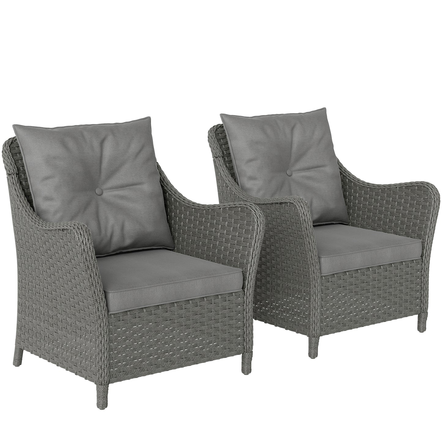 Outsunny Rattan Garden Chairs Set of 2, Outdoor Rattan Chairs with Cushions, Armrests and High Back, PE Wicker Garden Armchair with Steel Frame for Balcony, Porch, Dark Grey Default Title