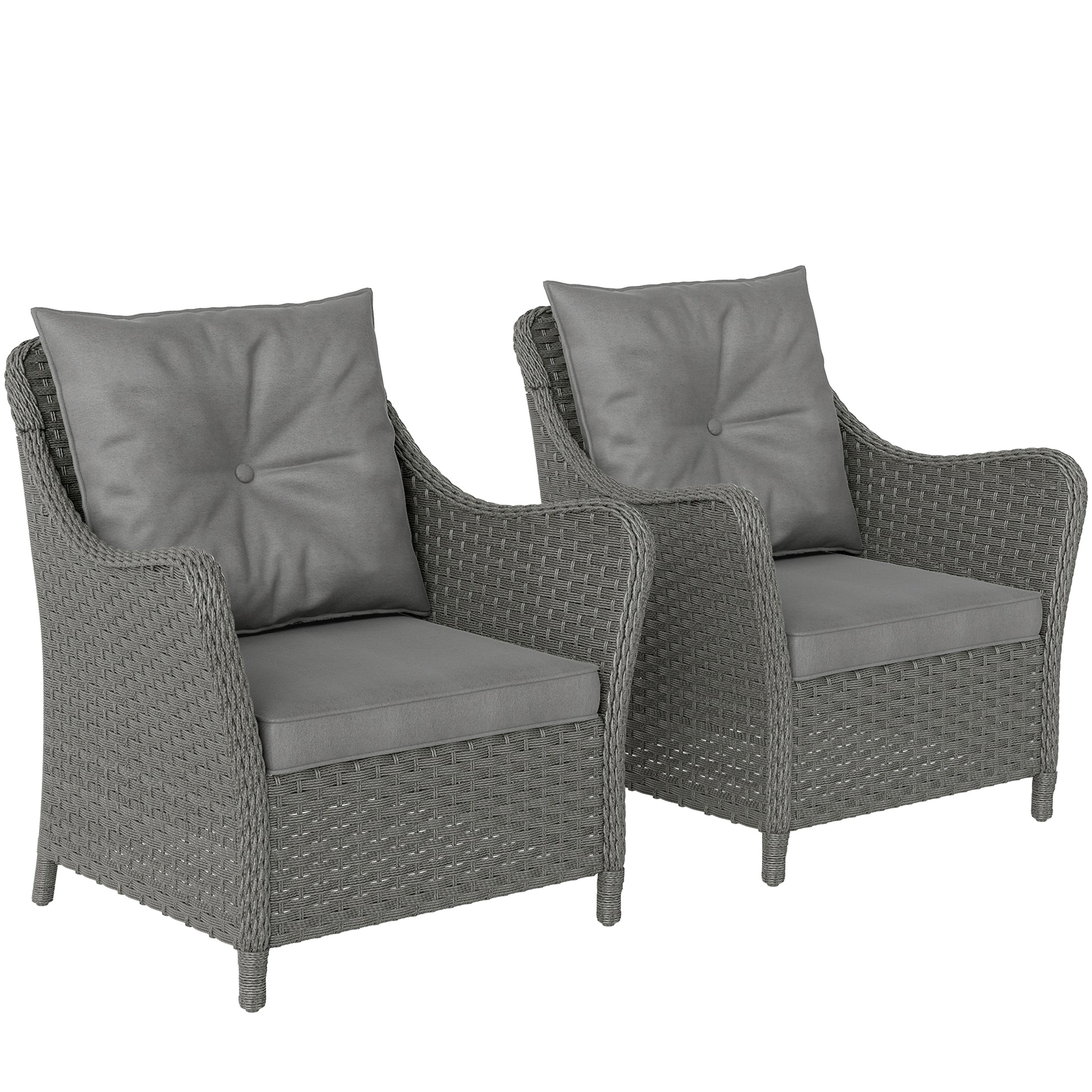 Outsunny Rattan Garden Chairs Set of 2, Outdoor Rattan Chairs with Cushions, Armrests and High Back, PE Wicker Garden Armchair with Steel Frame for Balcony, Porch, Dark Grey Default Title