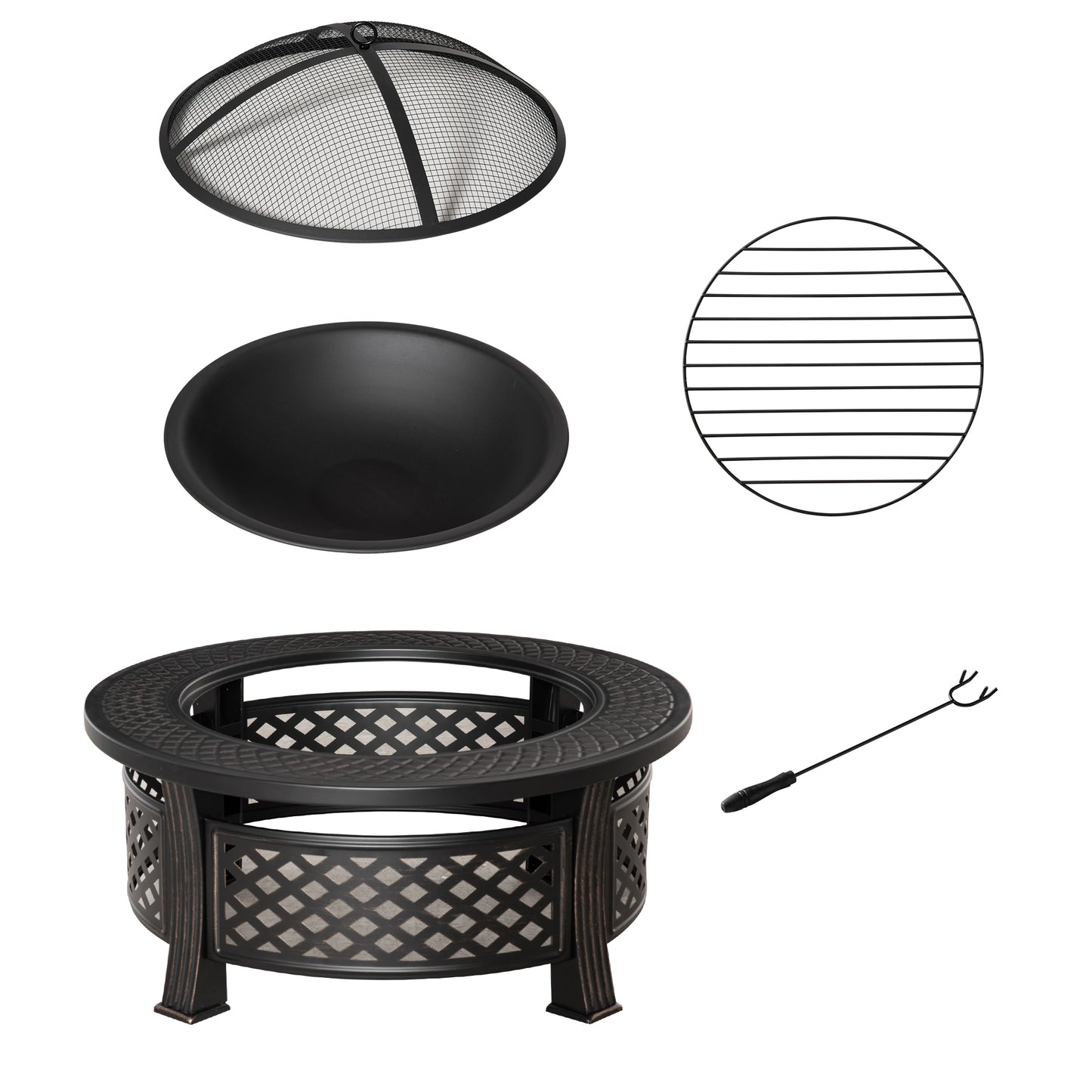 Outsunny Outdoor Fire Pit, Firepit with Grill Net, Mesh Lid, Poker, for Camping, Bonfire, Picnic, Bronze Tone Default Title
