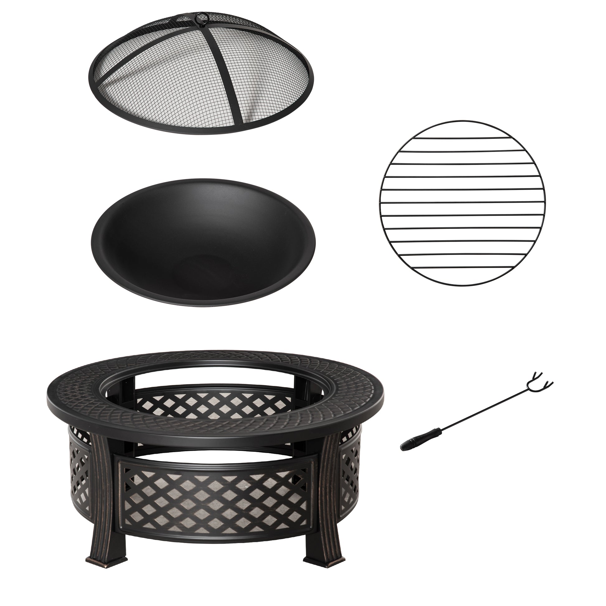 Outsunny Outdoor Fire Pit, Firepit with Grill Net, Mesh Lid, Poker, for Camping, Bonfire, Picnic, Bronze Tone Default Title