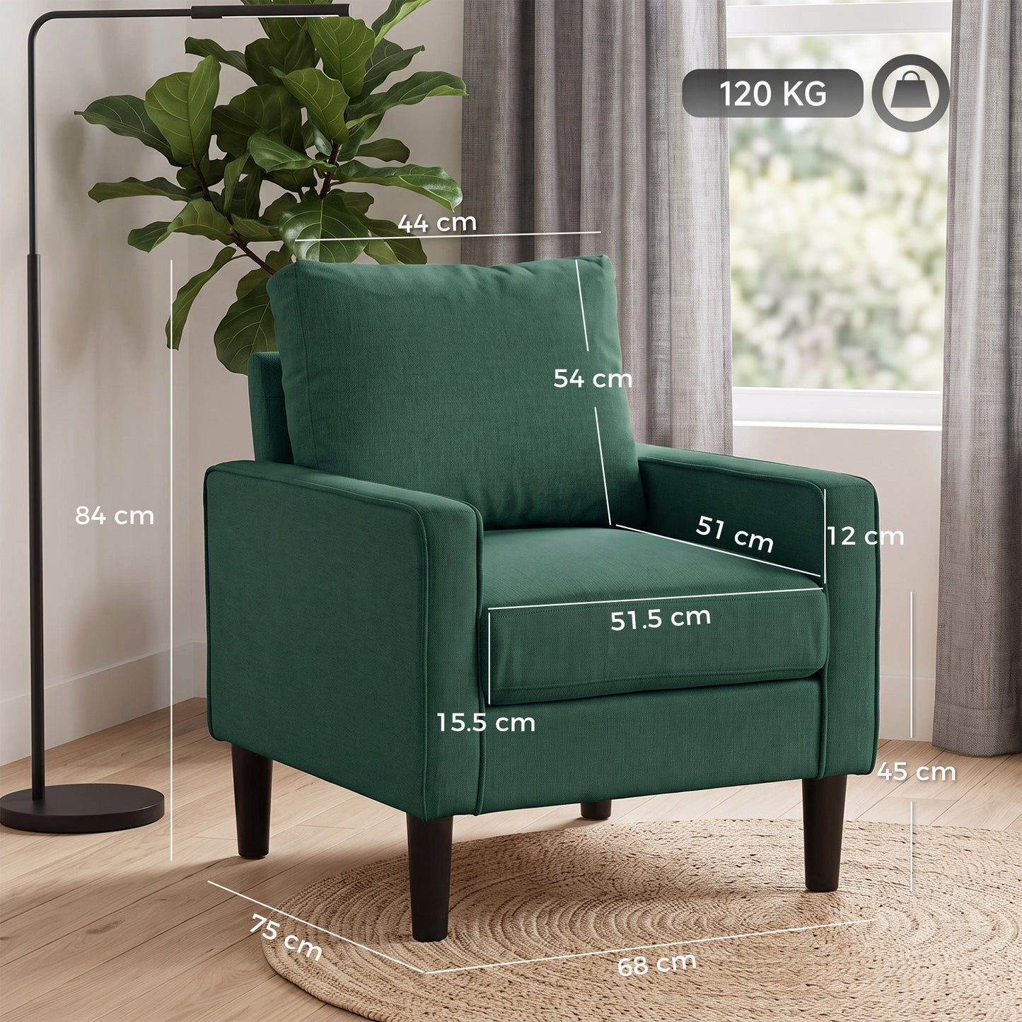 HOMCOM Accent Chair, Removable Pillow Linen Armchair with Comfy Spring Cushion for Living Room, Bedroom, Study, Dark Green