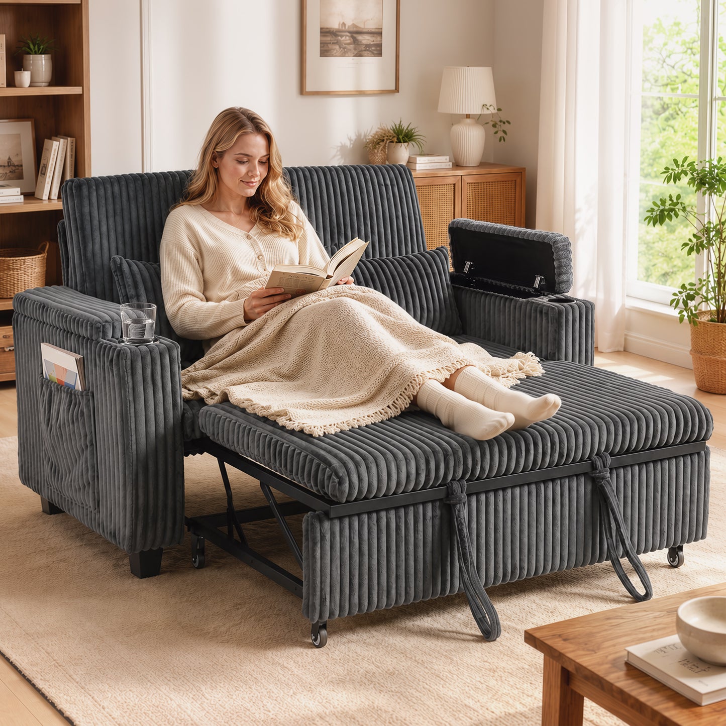 HOMCOM 2 Seater Sofa Bed, Pull Out Sleeper Sofa w/ Adjustable Backrest, Storage Armrests, Cup Holders, Side Pockets, Dark Grey