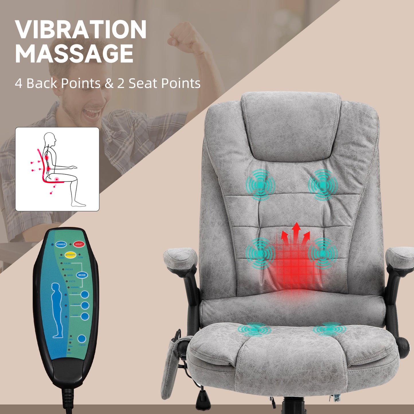 Vinsetto Massage Recliner Chair Heated Office Chair with Six Massage Points Microfiber Cloth 360Â° Swivel Wheels Grey