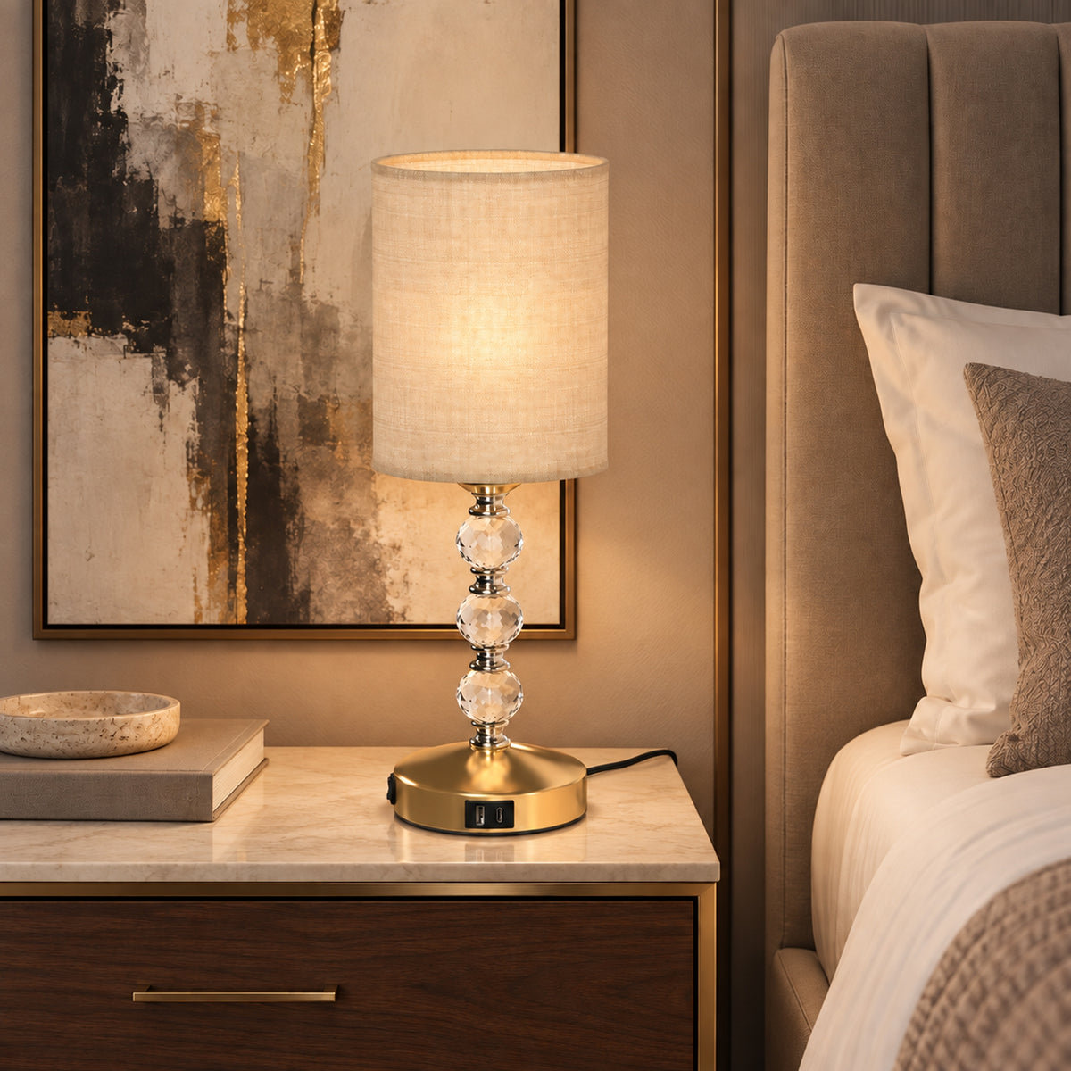 HOMCOM Bedside Lamp, Modern Crystal Decoration Table Lamp with PVC shade, USB A+C Charging Ports, Bulb Not Included, Gold Tone