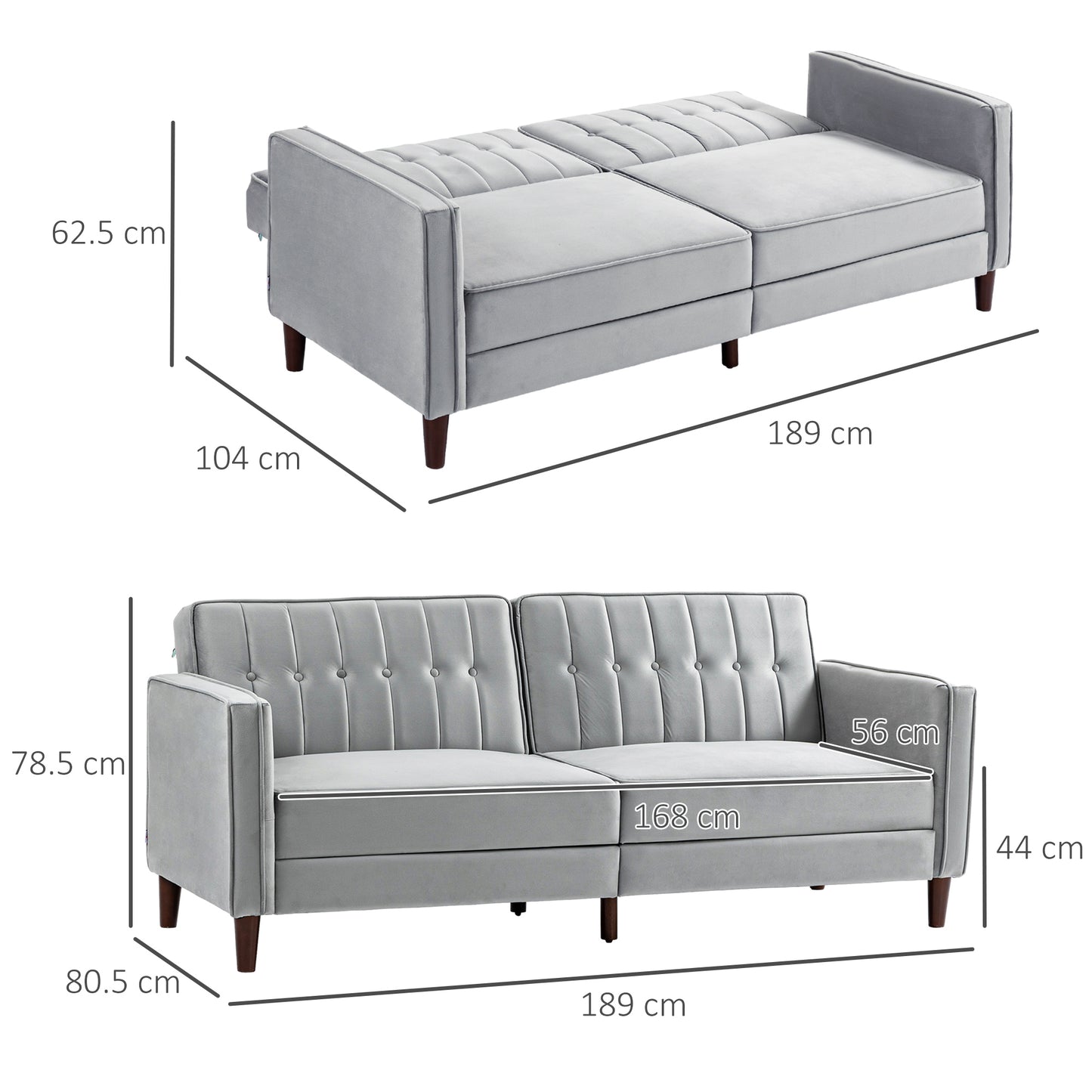 HOMCOM Modern Convertible Sofa Futon Velvet-Touch Tufted Couch Compact Loveseat with Adjustable Split Back, Light Grey